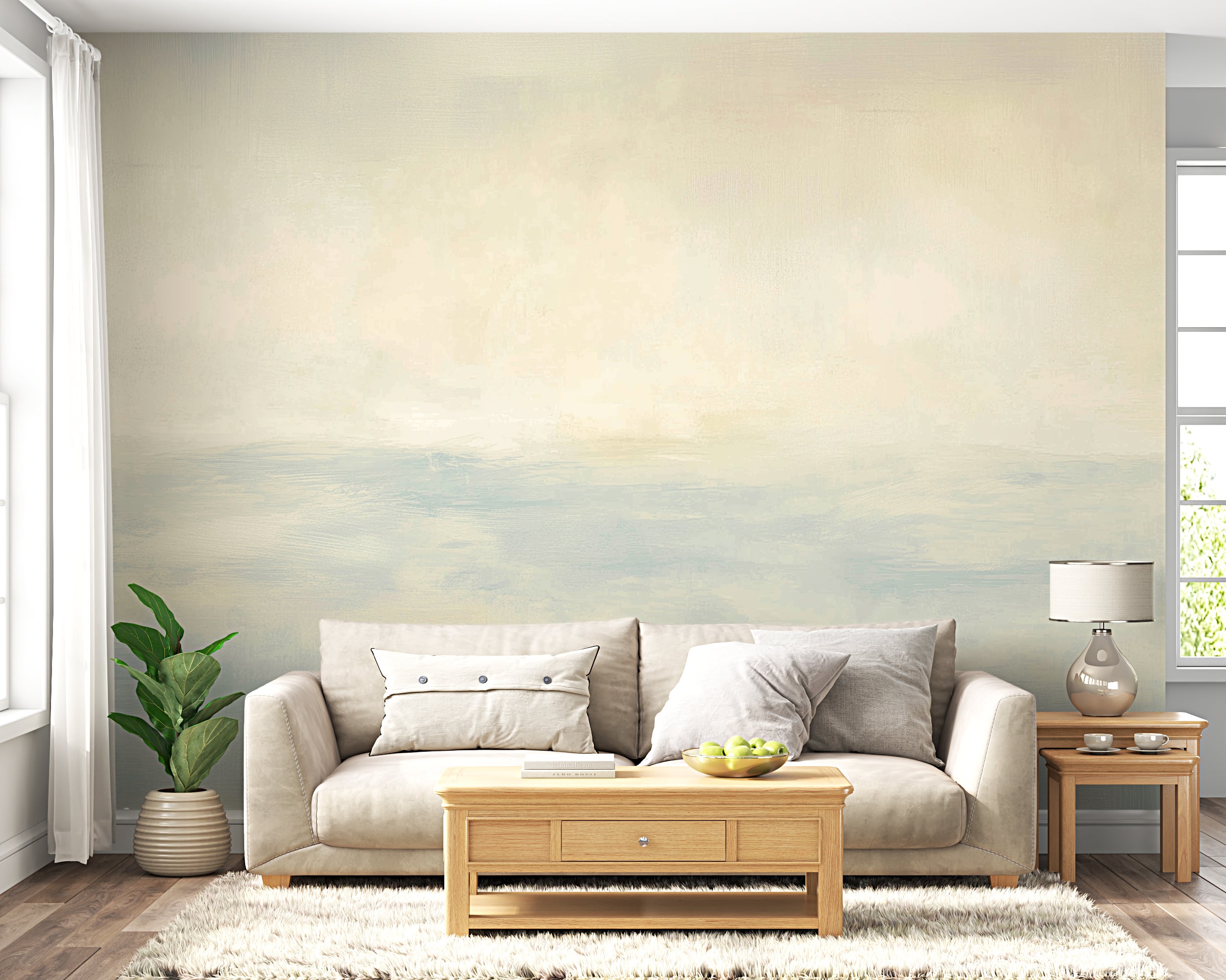 Soft Neutral Lime Wash Ocean Horizon Wall Mural Abstract Coastal Tones Minimalist Watercolor Look Wallpaper