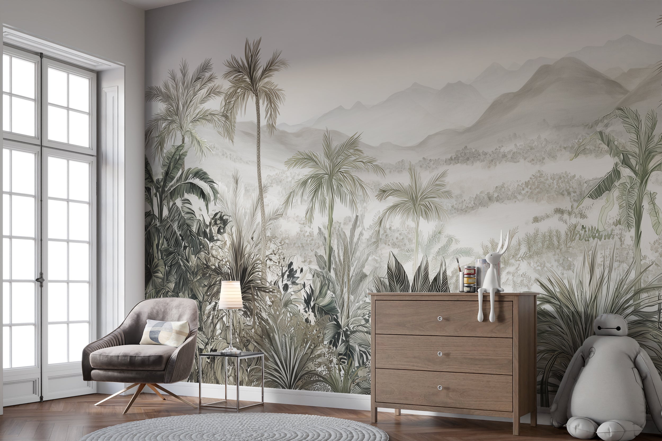 Botanical wallpaper in grayscale

Soft jungle landscape wall mural
