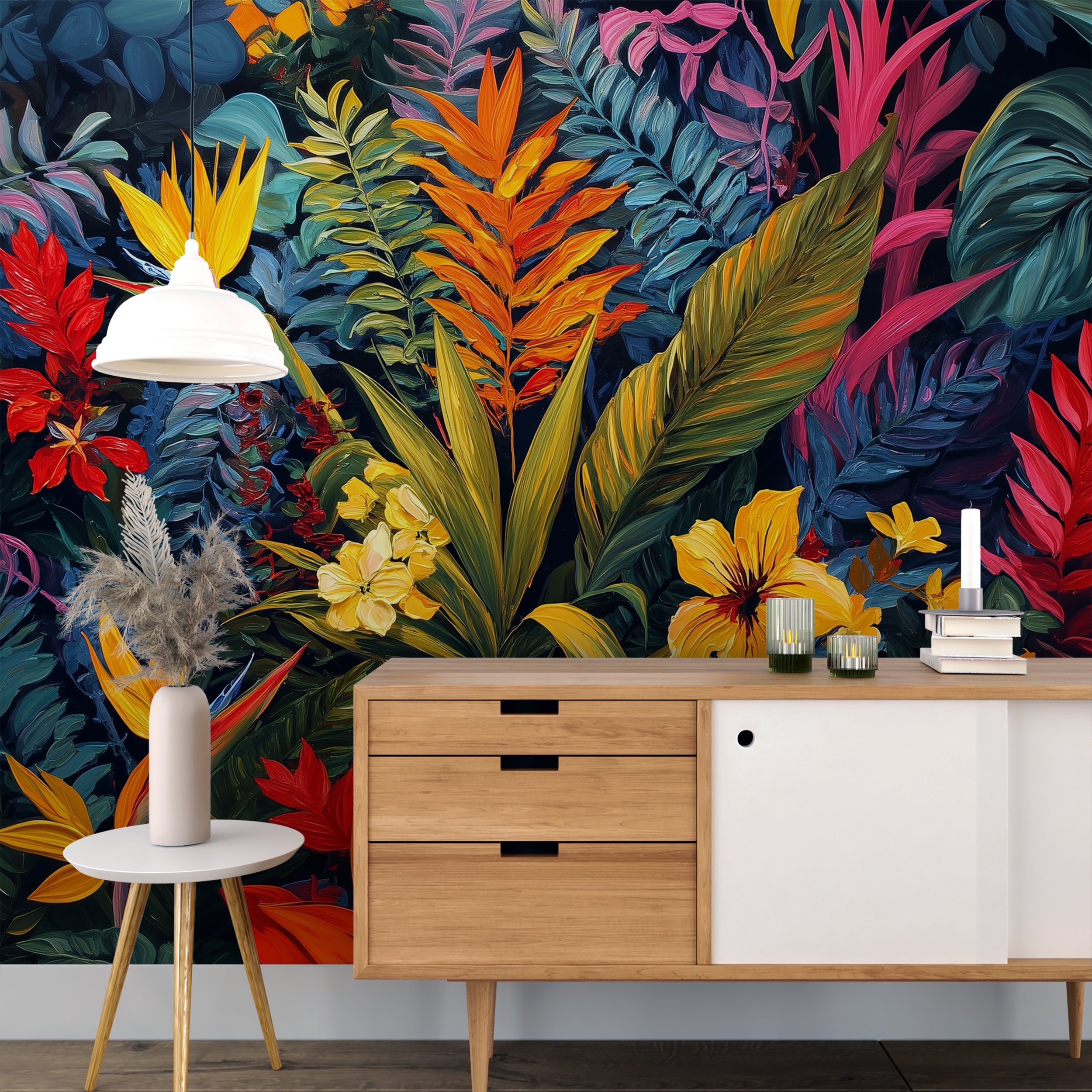 Bright tropical plant wall art

Jungle leaves and flowers wallpaper