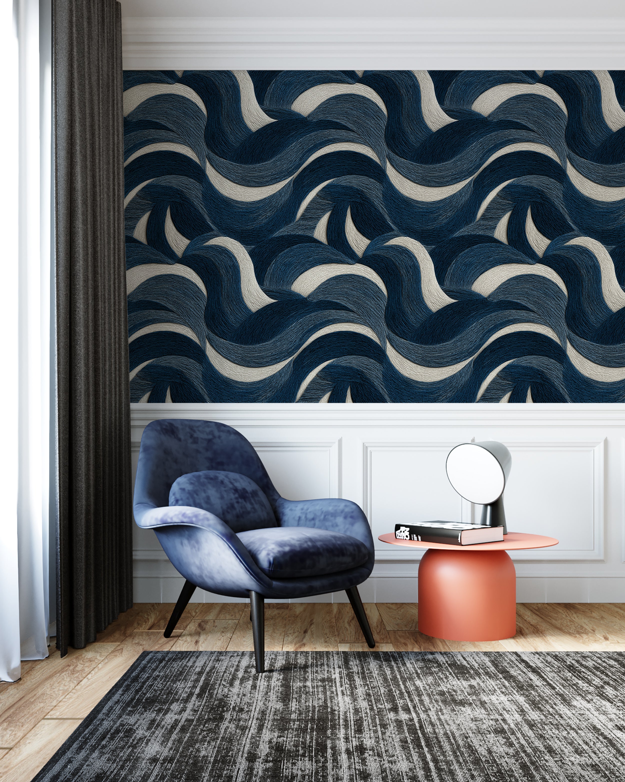 Dynamic curved pattern in navy and beige

Bold navy wave wallpaper for modern interiors