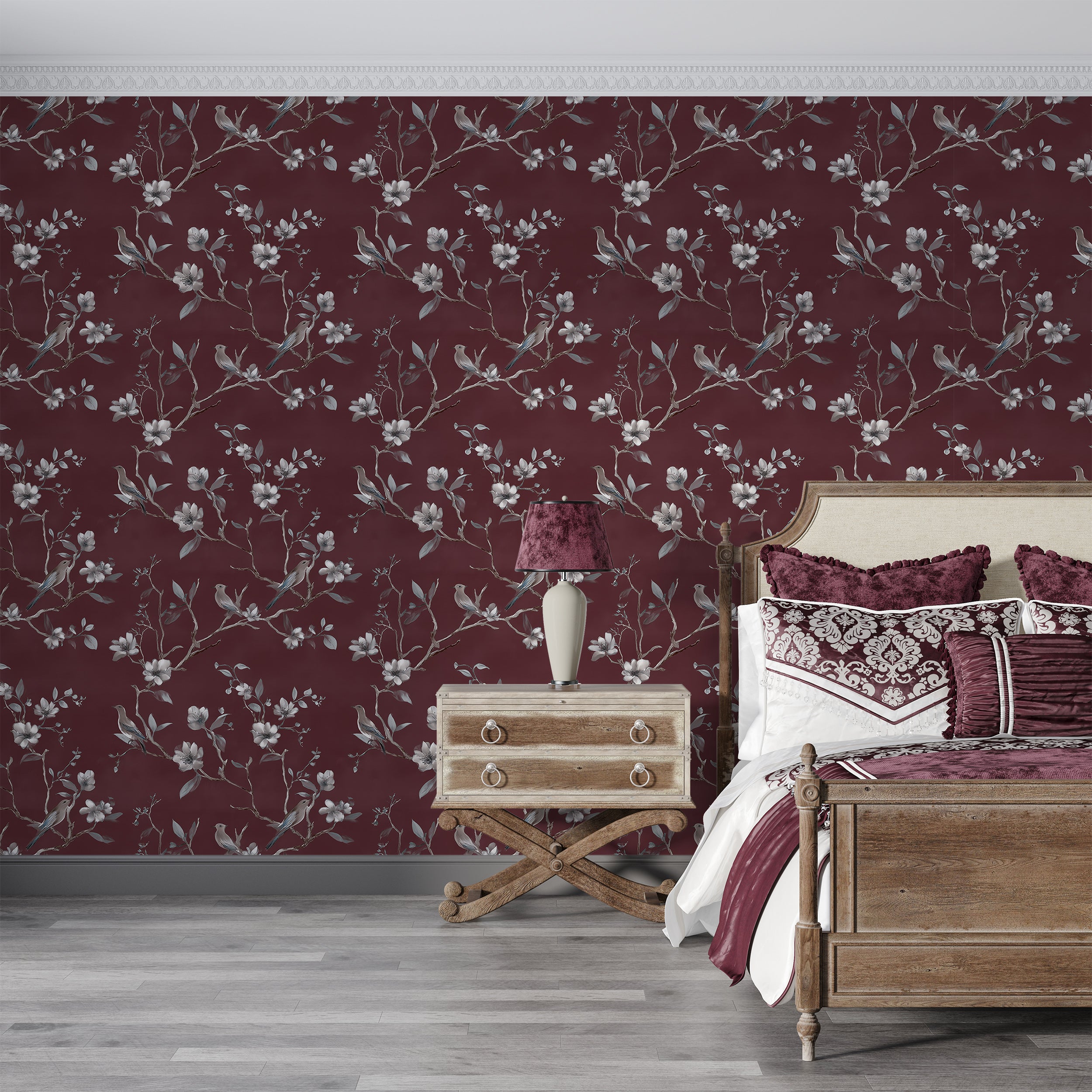 Elegant floral and bird pattern mural

White blossoms and perched birds wallpaper