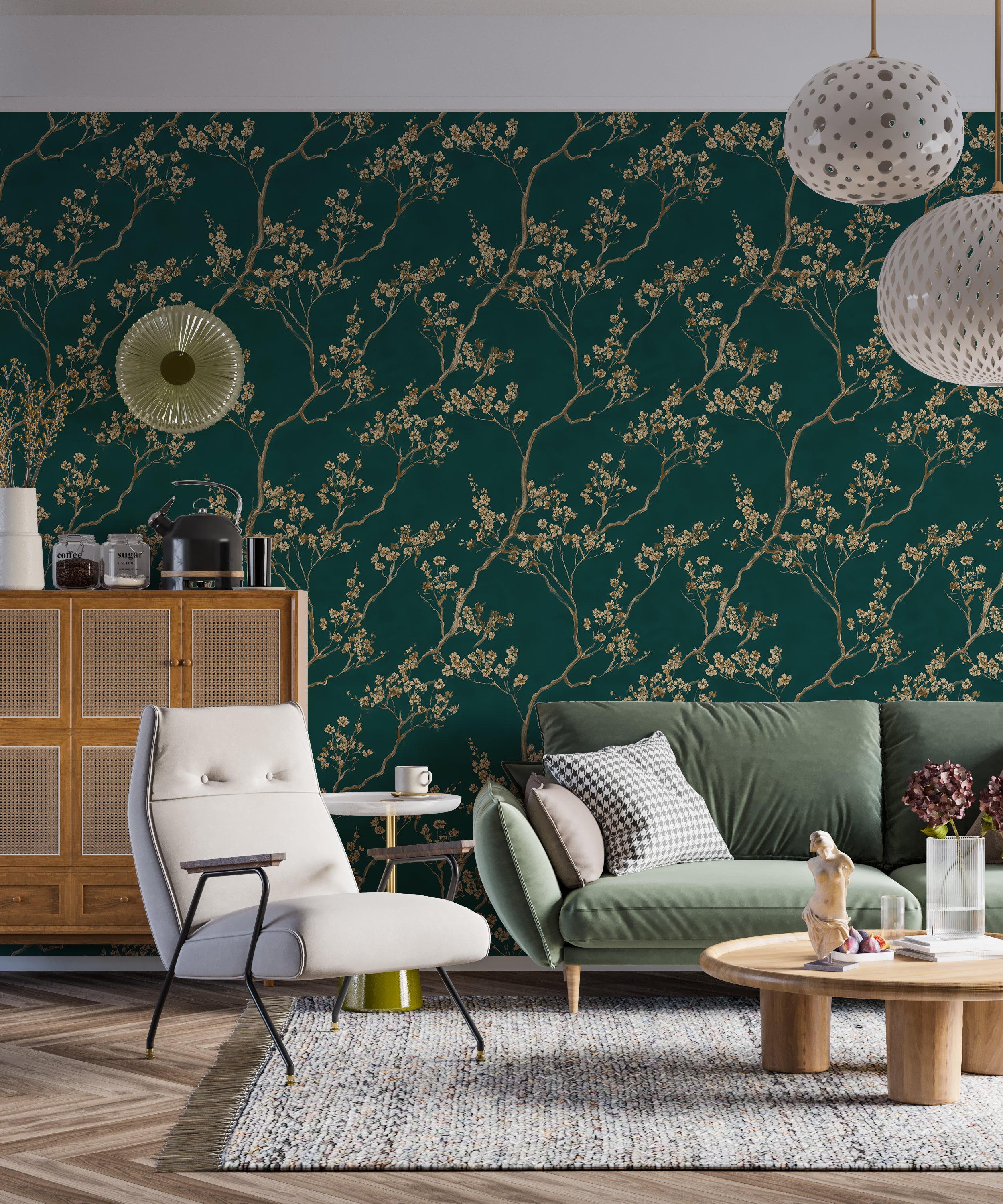 Flowing floral wallpaper with teal and gold

Luxurious botanical mural with teal flowers