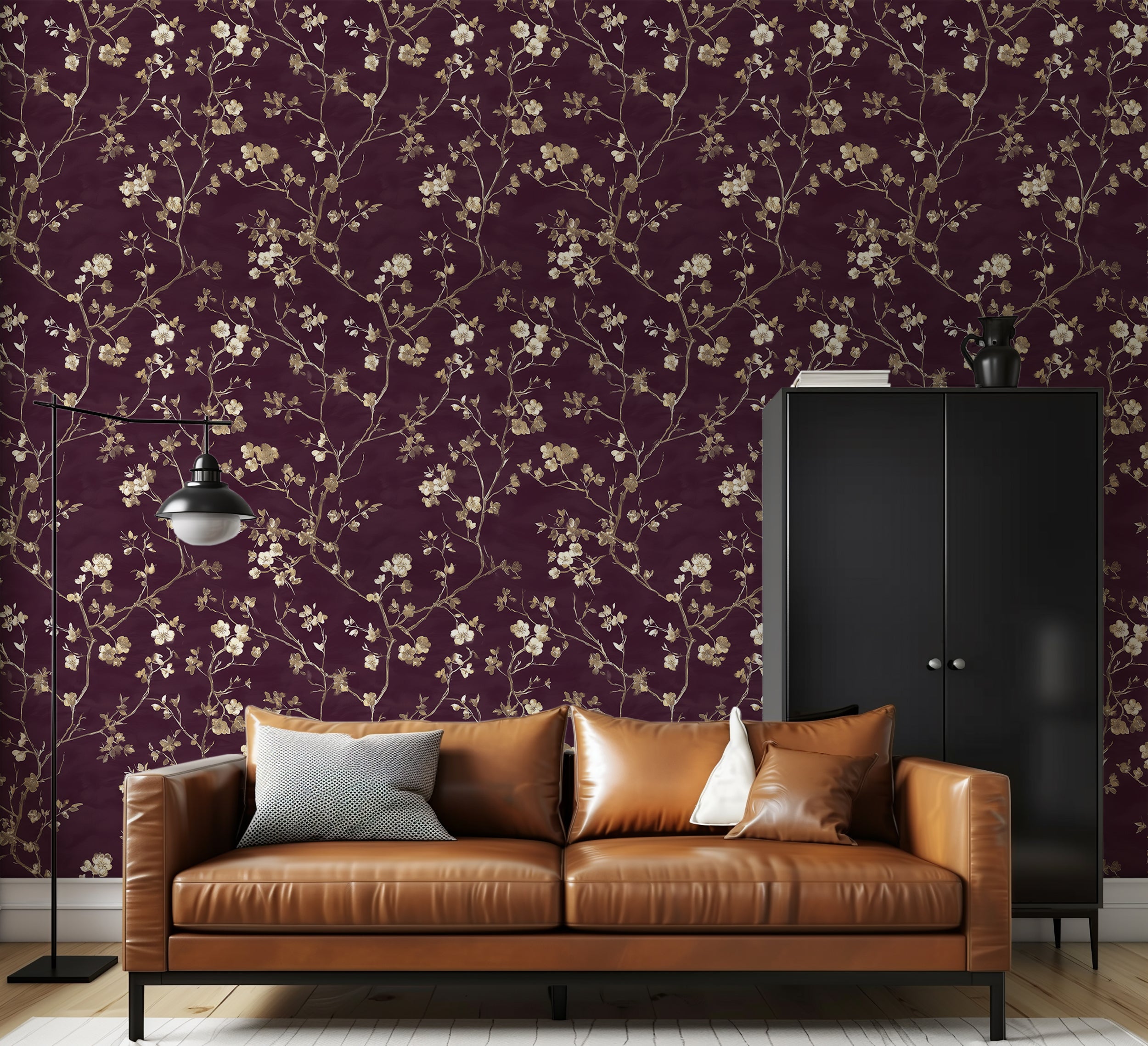 Botanical wallpaper with deep burgundy color

Gold floral wallpaper with rich background