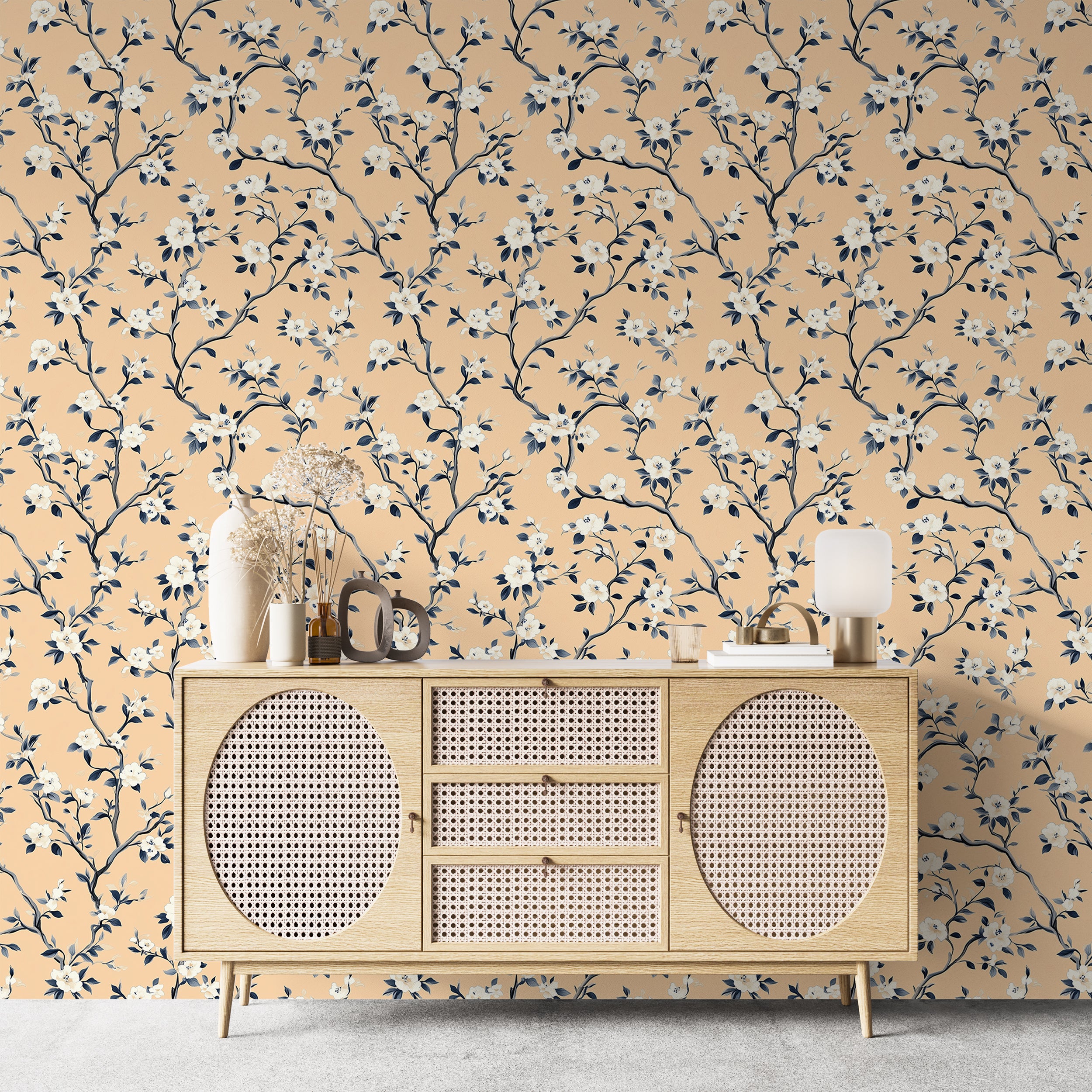 peach and navy blue flower wallpaper
vintage floral wallpaper with modern touch
