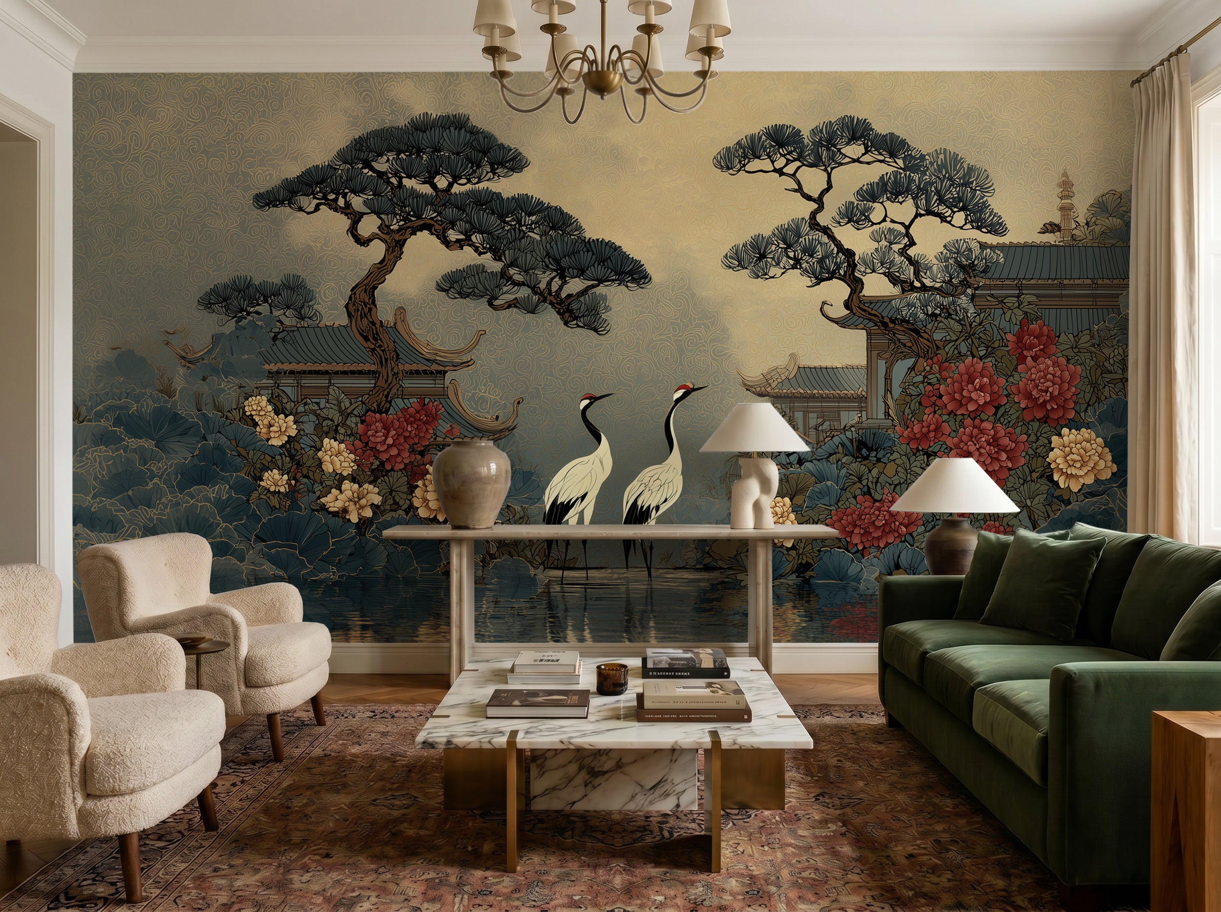 traditional chinoiserie scenic wall art
elegant oriental mural water reflection