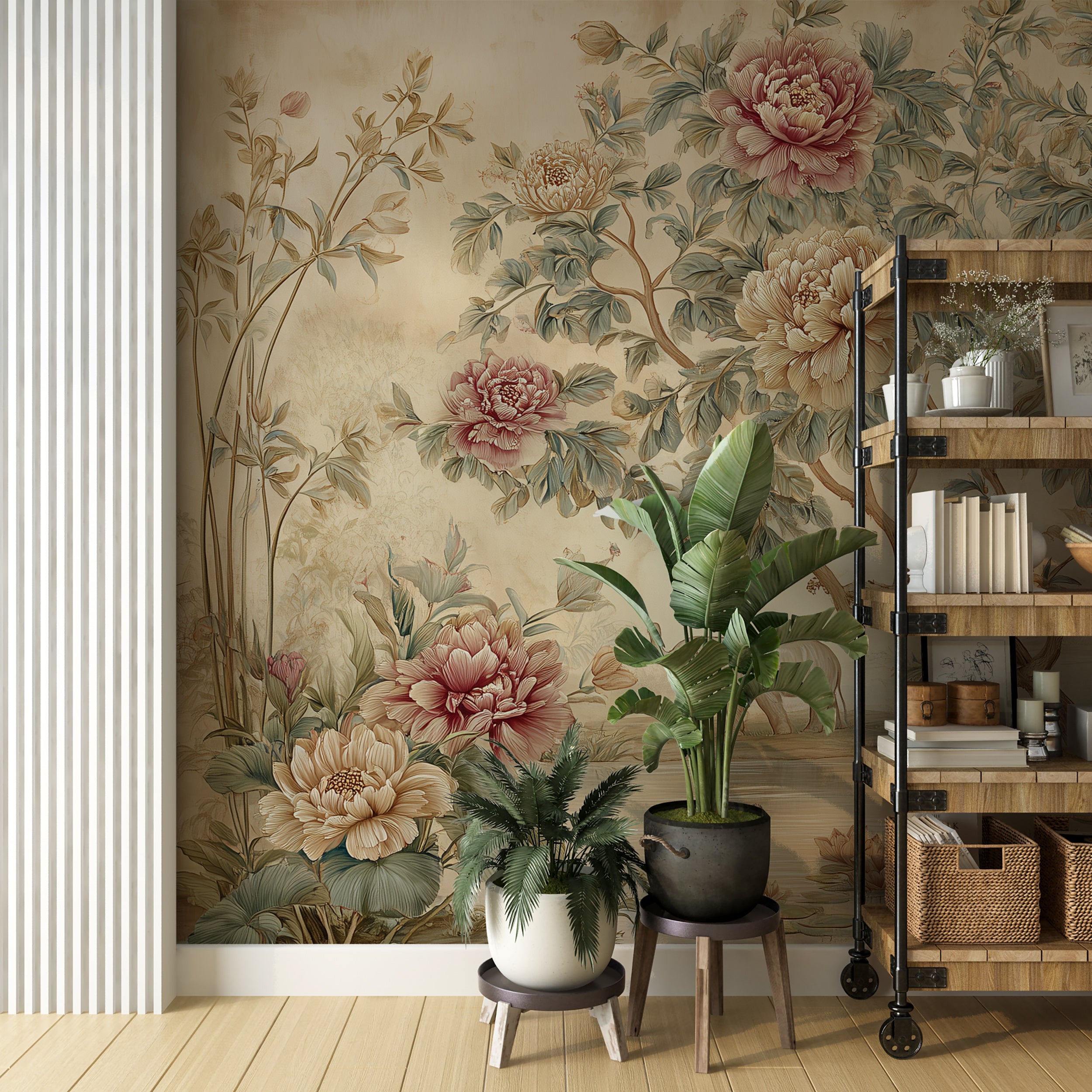 Room interior with floral wallpaper, plants, and a wooden shelf.