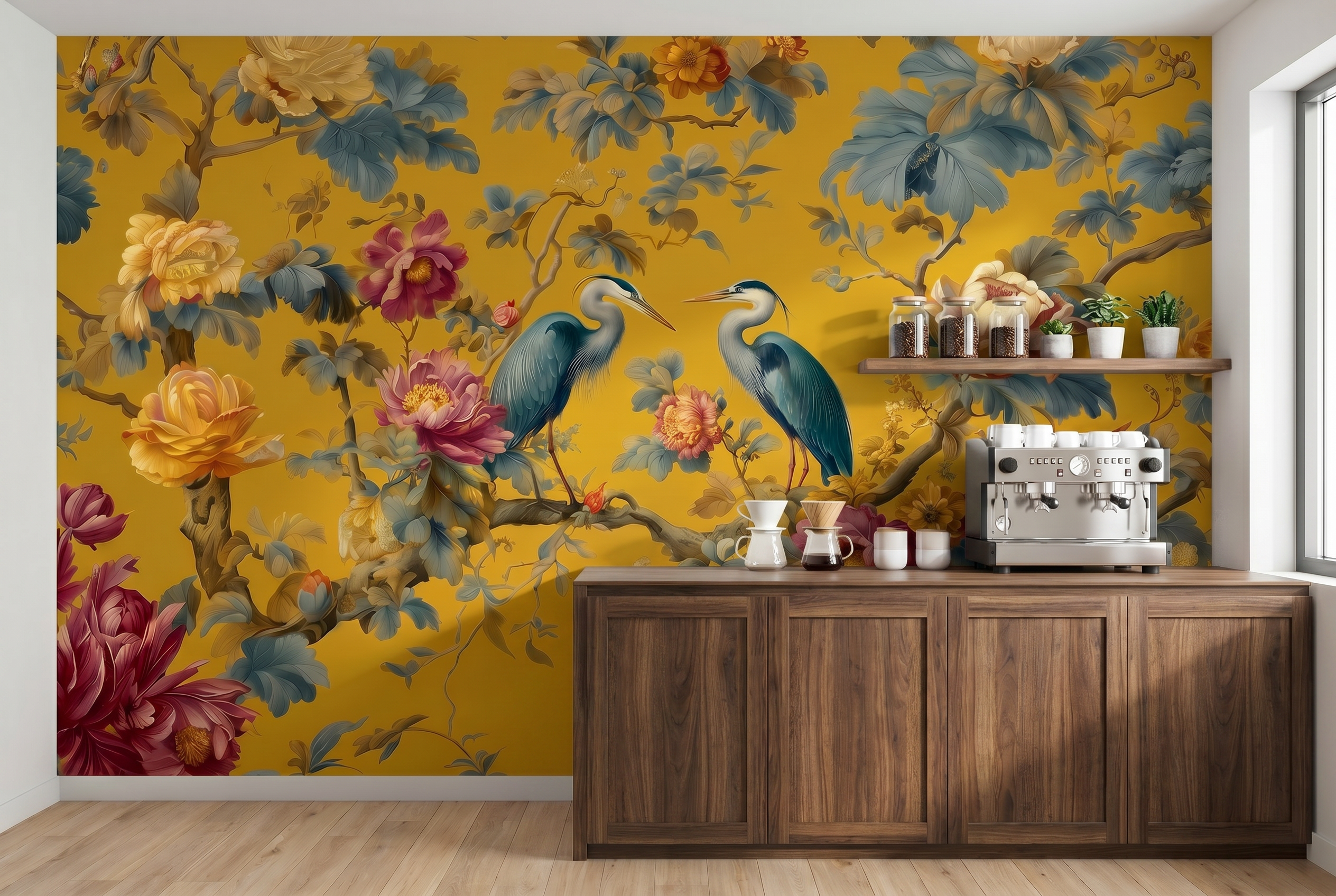 floral bird wallpaper asian inspired design
bright botanical mural with birds