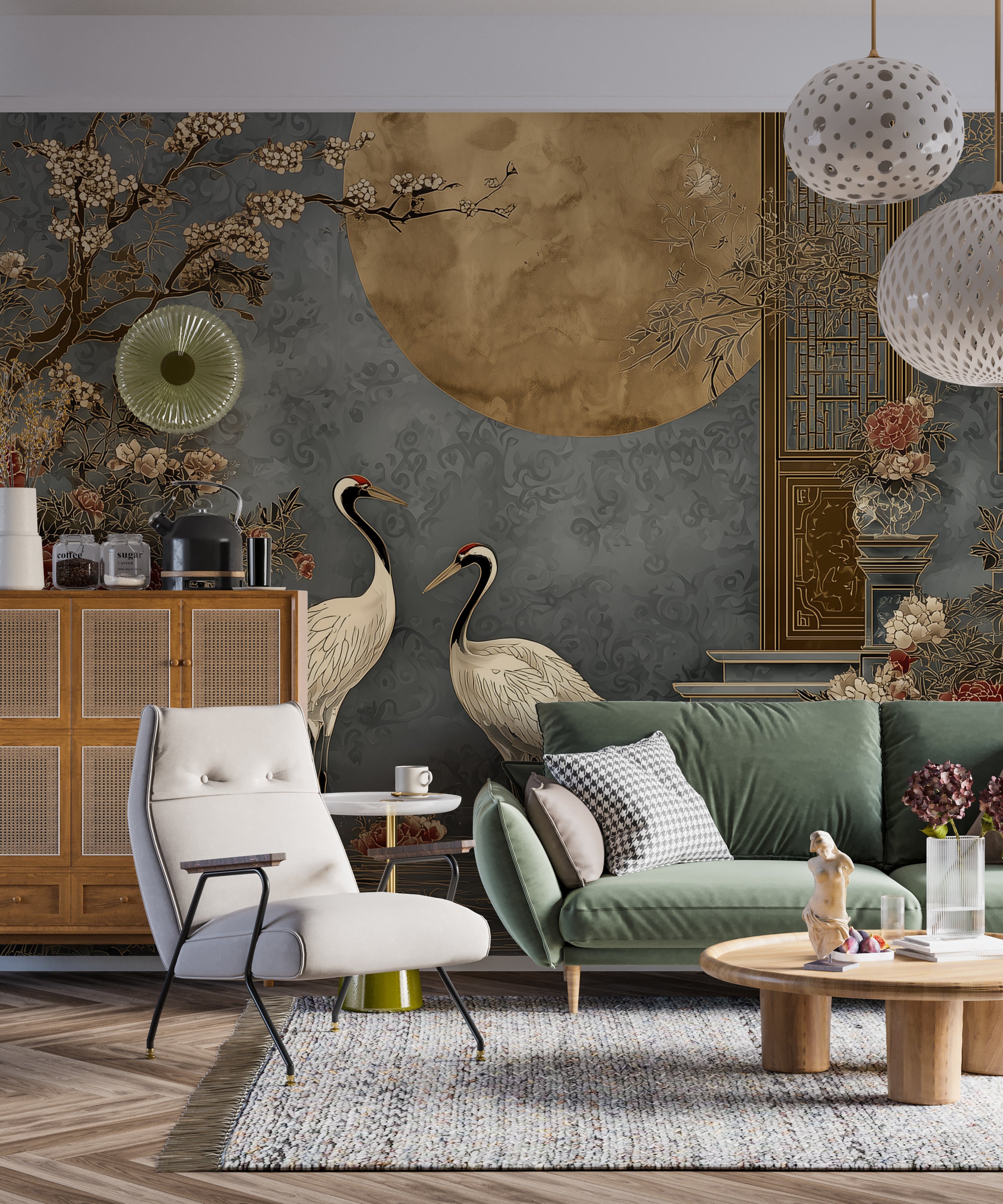 crane mural with moon and floral garden
traditional asian wall art scenic mural