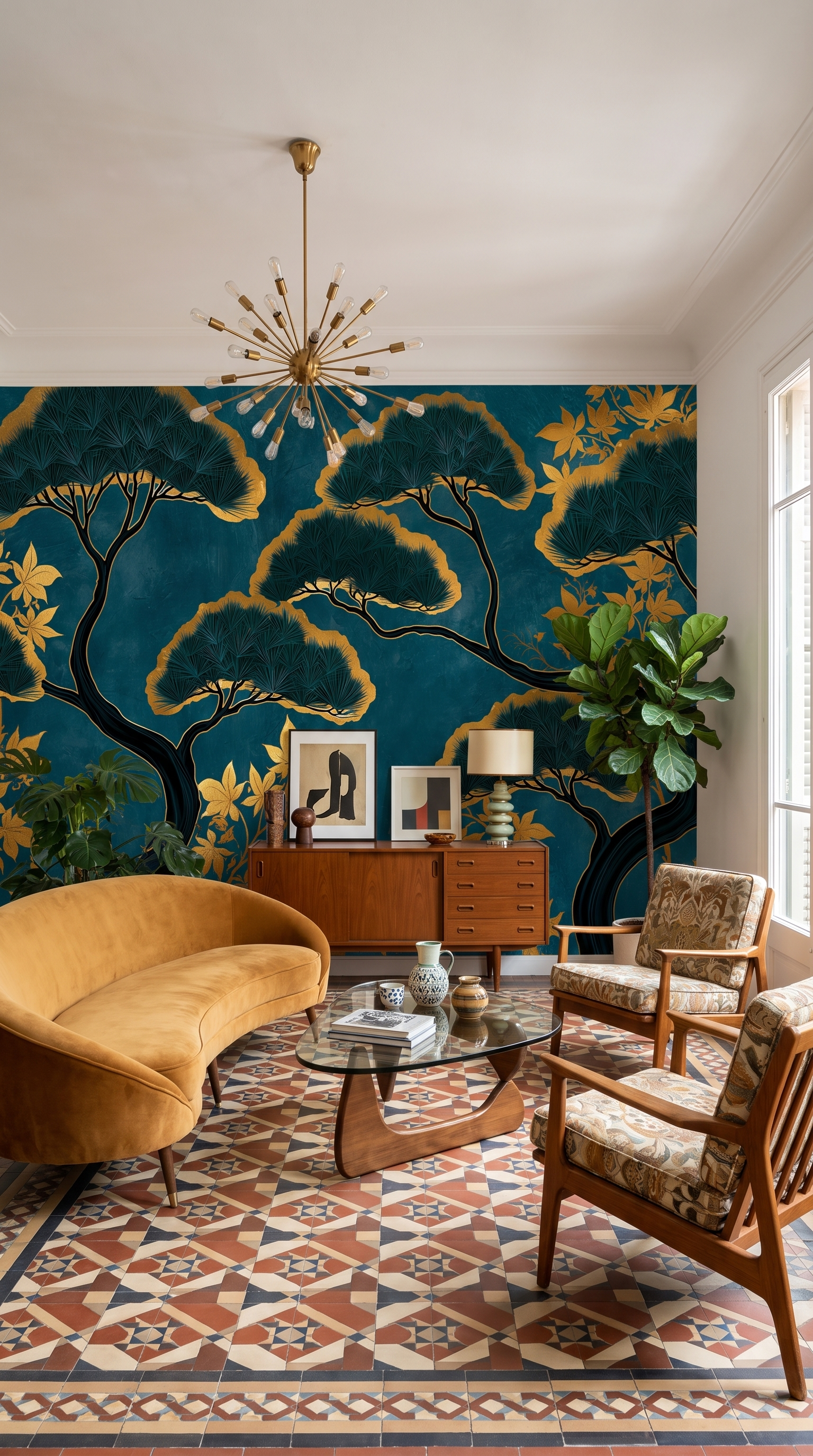teal gold chinoiserie wallpaper with pine trees
japanese pine tree wallpaper luxury botanical design
