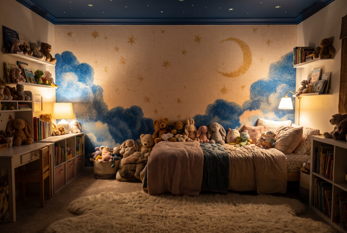 vintage sky wallpaper with blue clouds and moon
aged fabric texture blue cloud wall mural