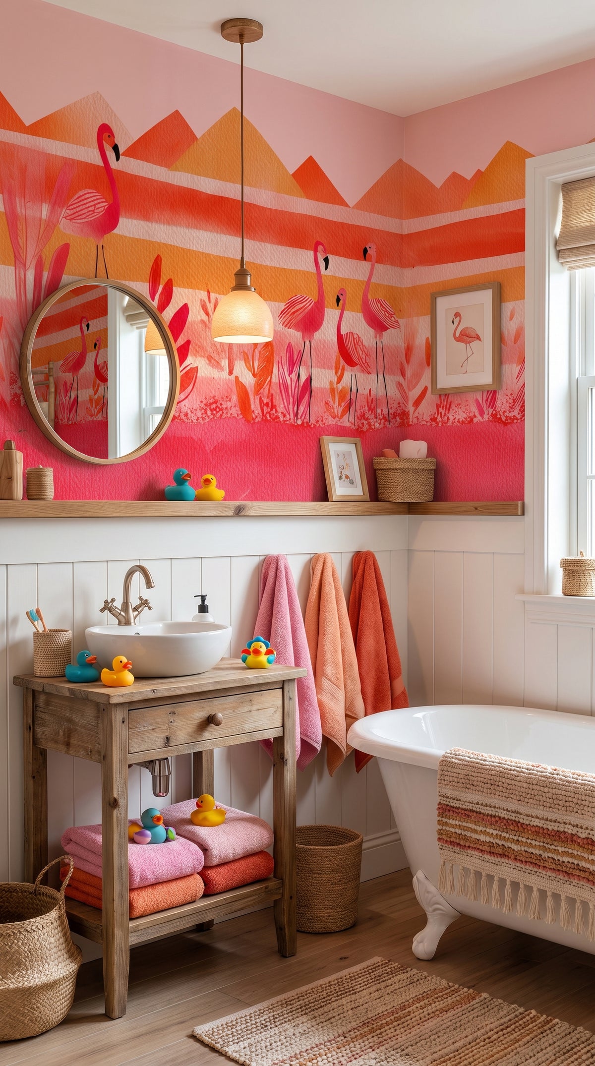 Pink flamingo wall mural with orange stripes and mountains
Flamingo wallpaper mural pink coral orange tropical birds