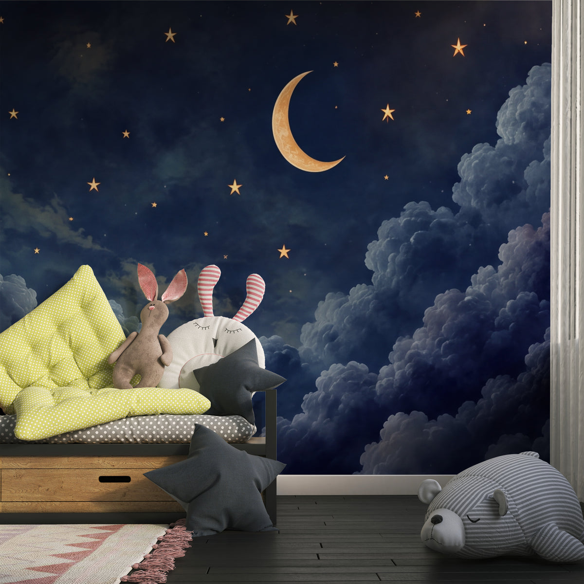 Moon cloud wallpaper dark navy celestial night sky design
Crescent moon and stars wallpaper with blue night clouds
