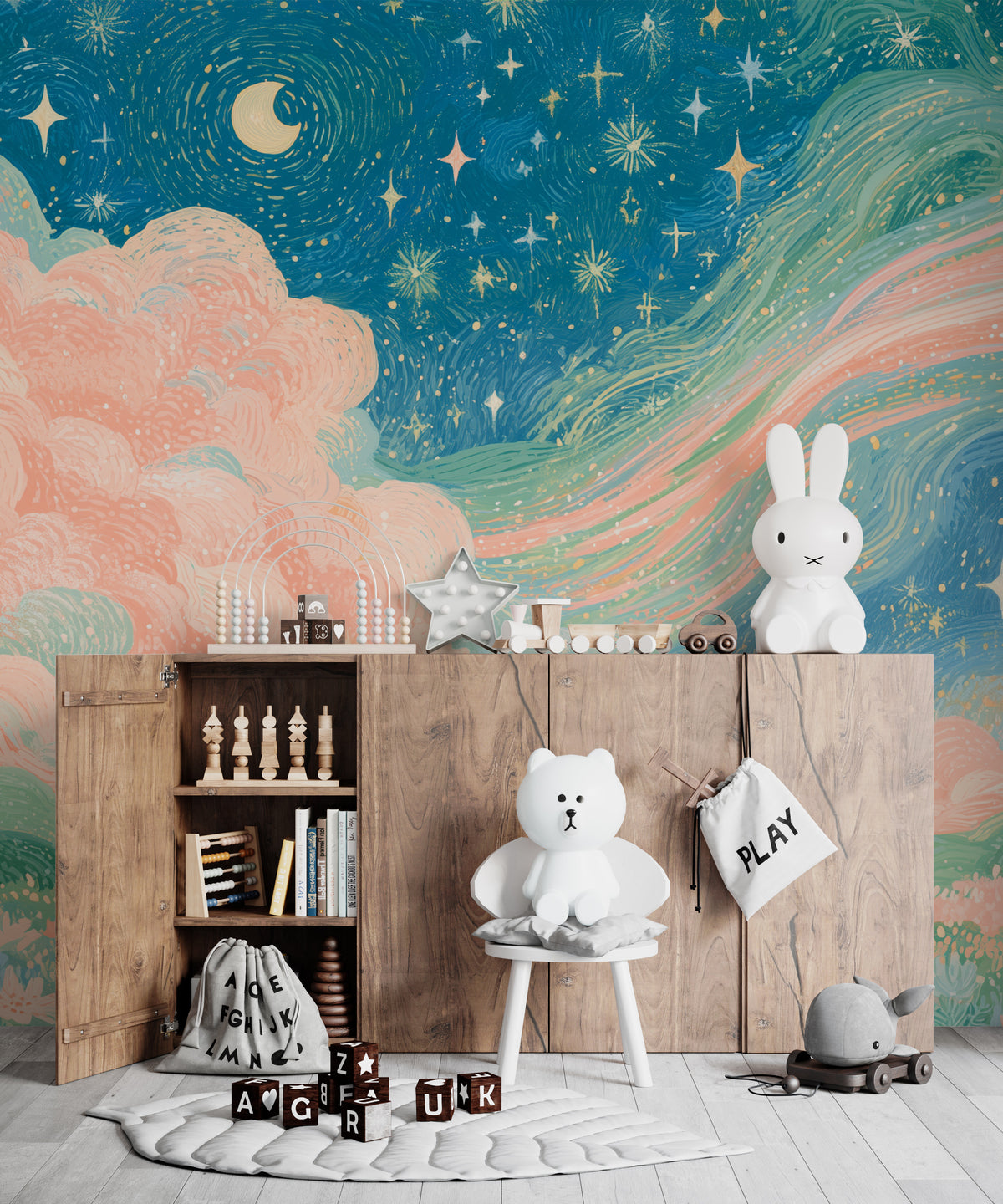 Aqua blue celestial wallpaper with pastel clouds and meadow
