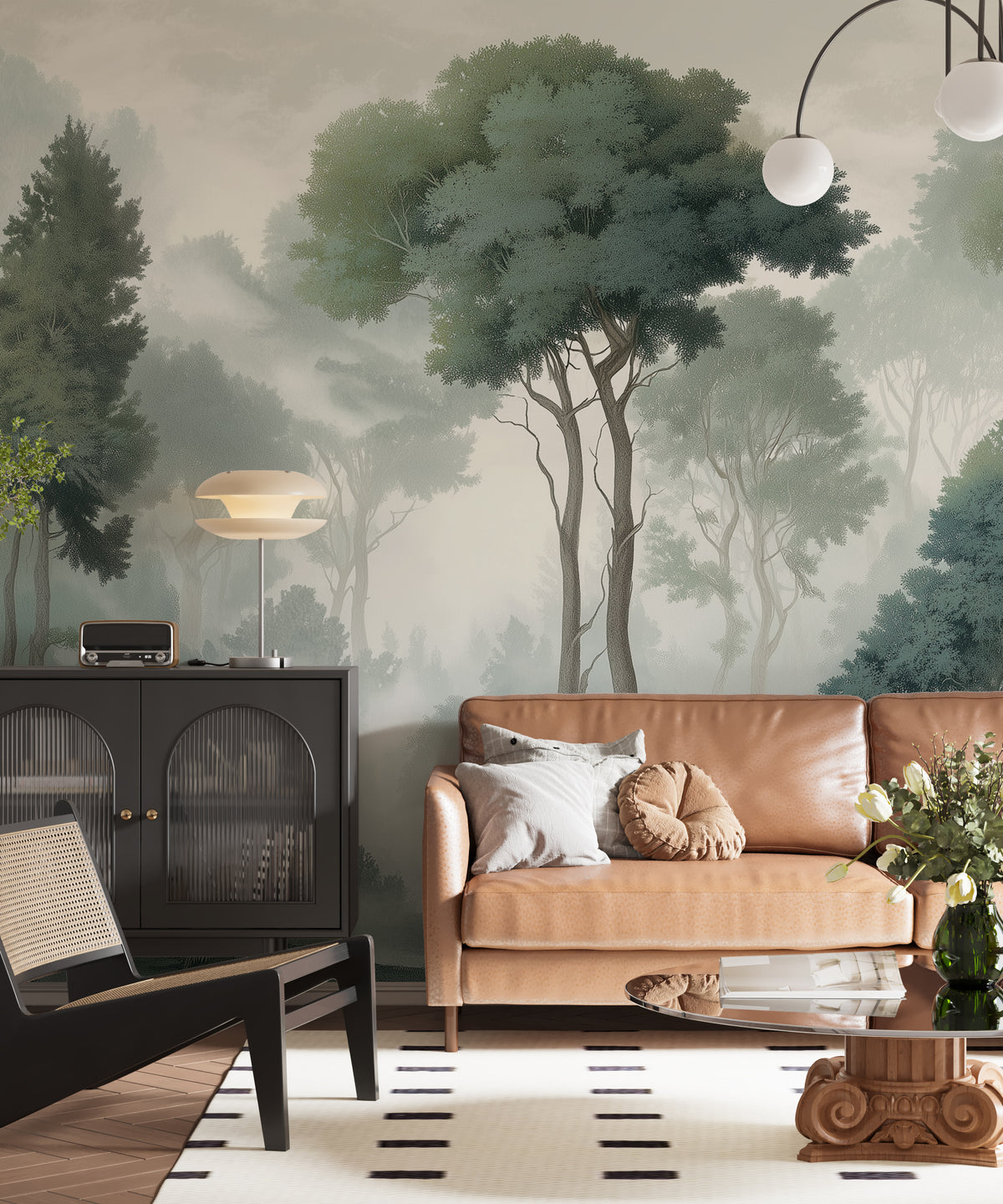 Enchanted forest wallpaper with foggy trees and woodland foliage
Misty woodland wallpaper with eucalyptus tones and layered forest