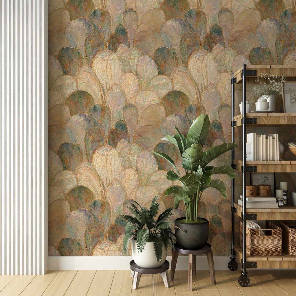 Decorative mosaic leaf wallpaper with pearl and metallic tones
Art Nouveau inspired leaf wallpaper with gold outlined foliage