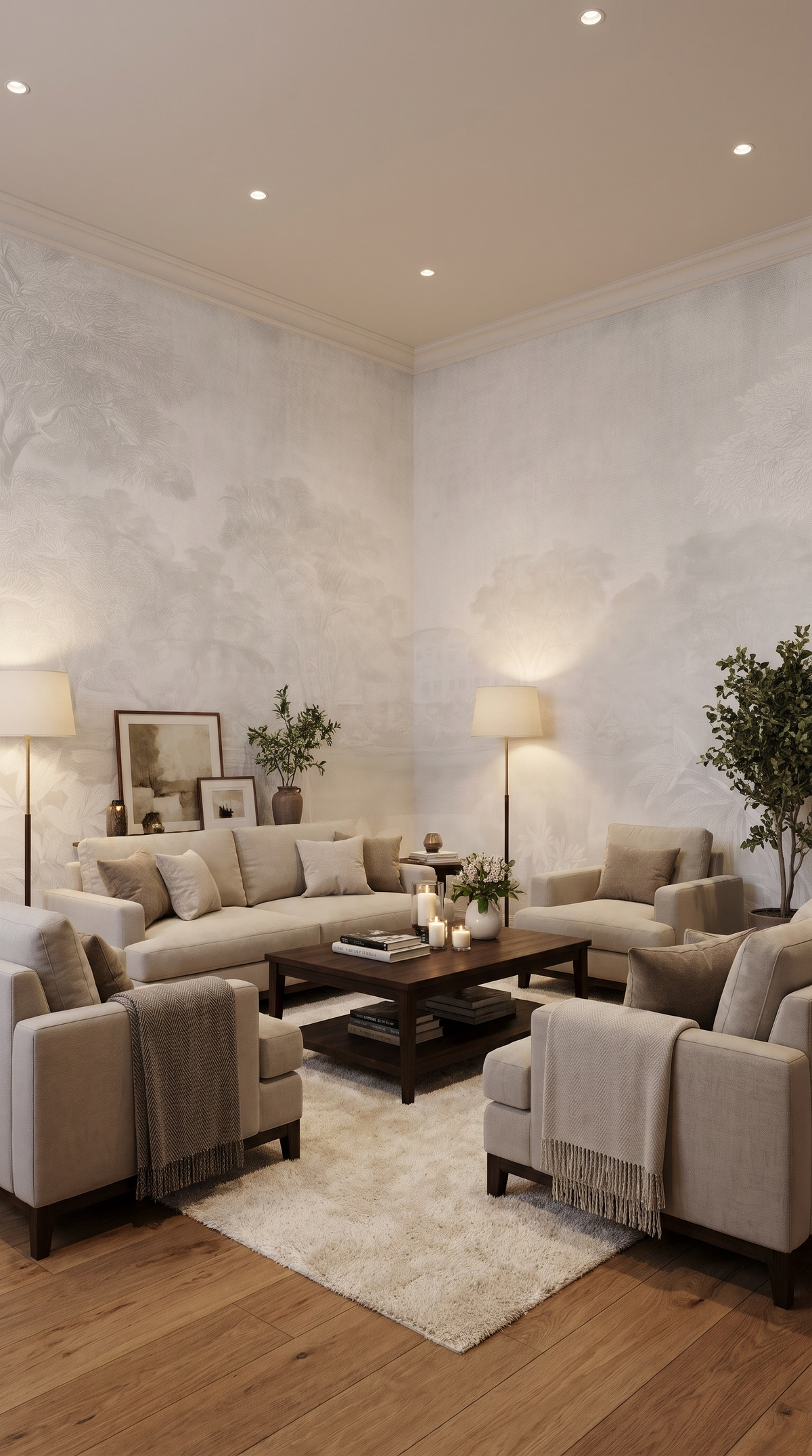 White And Grey Landscape Wall Mural With Vintage Trees And River Vintage Scenic Wall Mural With Faded Trees And Botanical Foliage