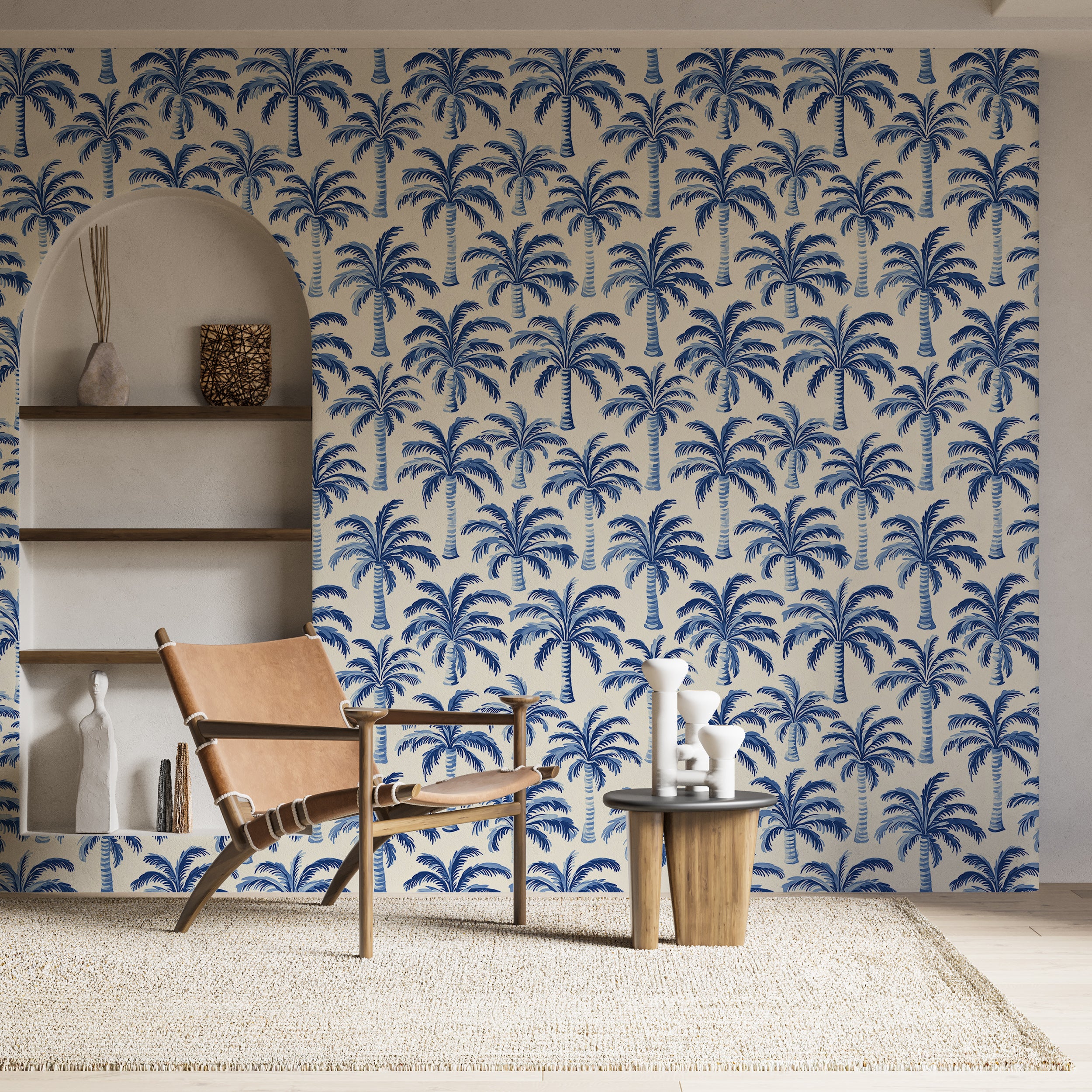 Tropical-inspired coastal wallpaper with blue and white pattern
Coastal decor wallpaper with palm trees for relaxed interiors