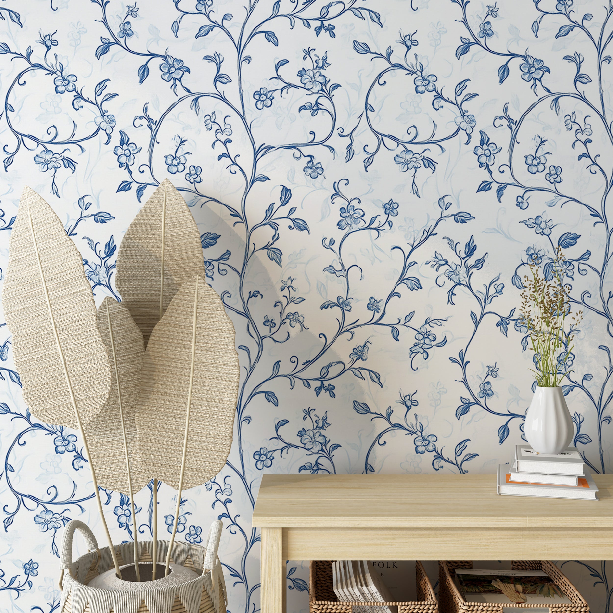 Nature-themed blue and white wall decor for living rooms
Elegant botanical wallpaper for timeless home decor