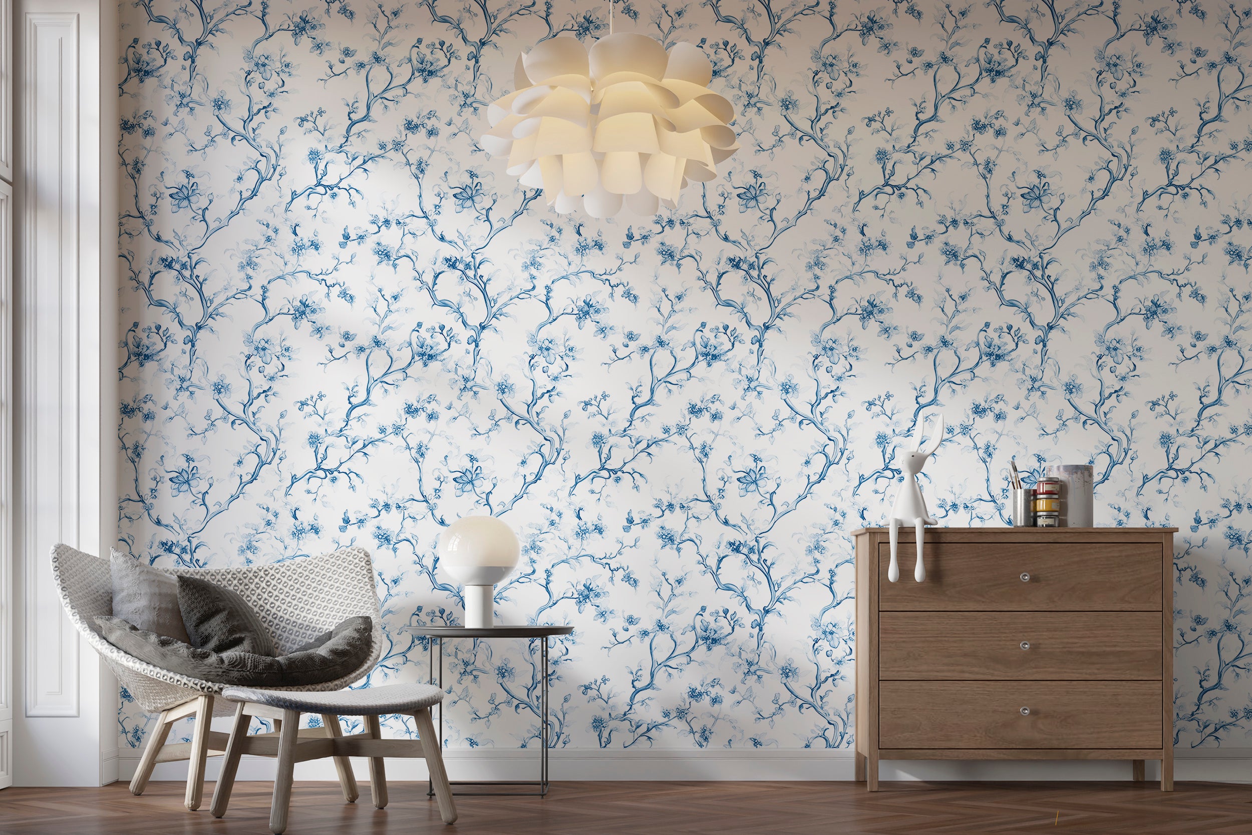 Timeless French-inspired peel and stick wall art
Classic wallpaper with blue branches for a chic look