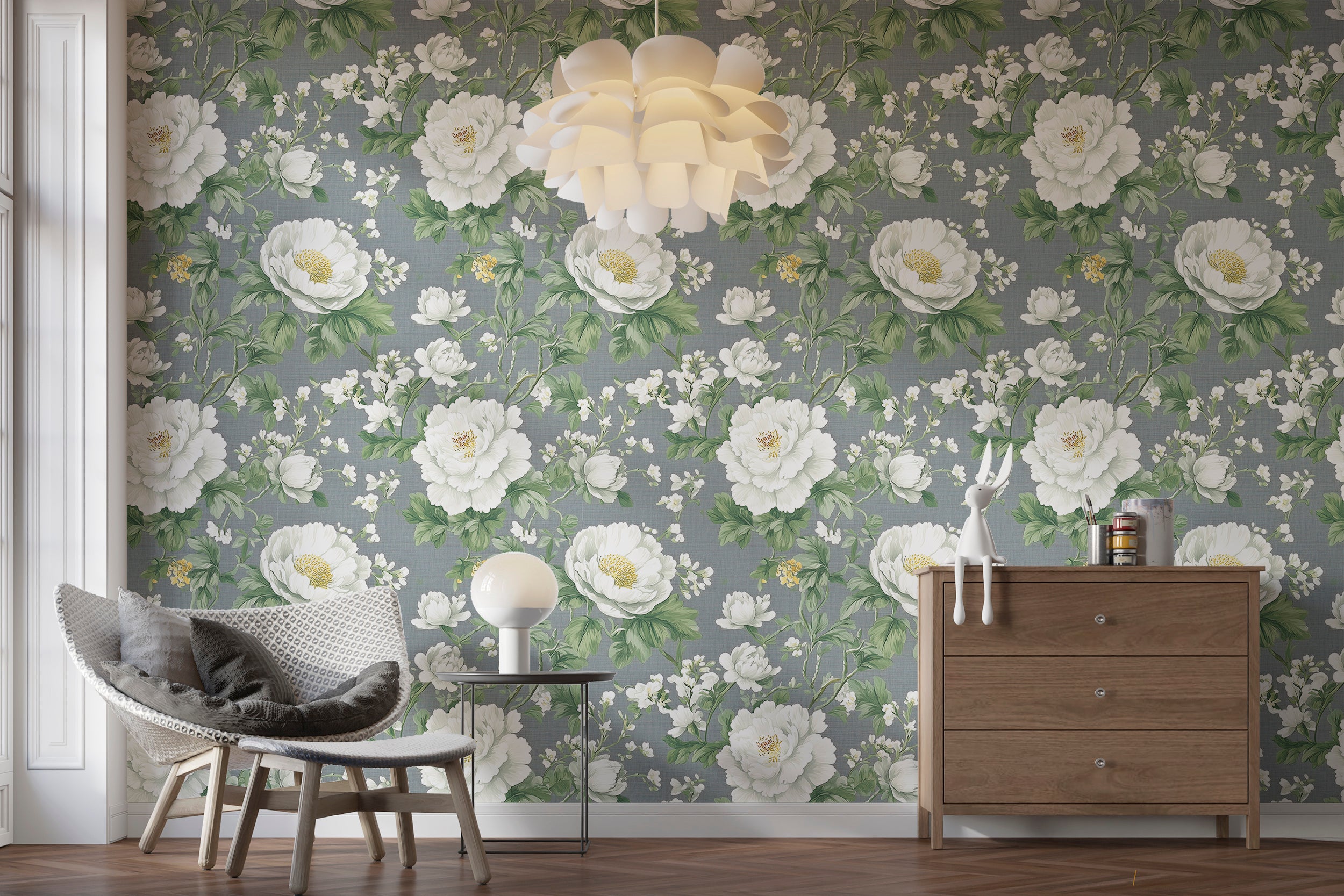 Grey linen textured wallpaper with white flowers for sophisticated spaces
Peel and stick floral wallpaper for stylish home decoration