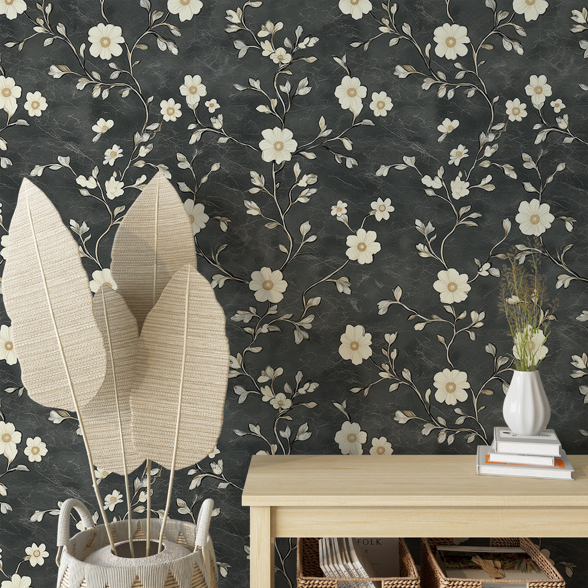 White flowers on dark grey wallpaper for modern interiors
Elegant dark grey botanical wallpaper for nature-inspired decor