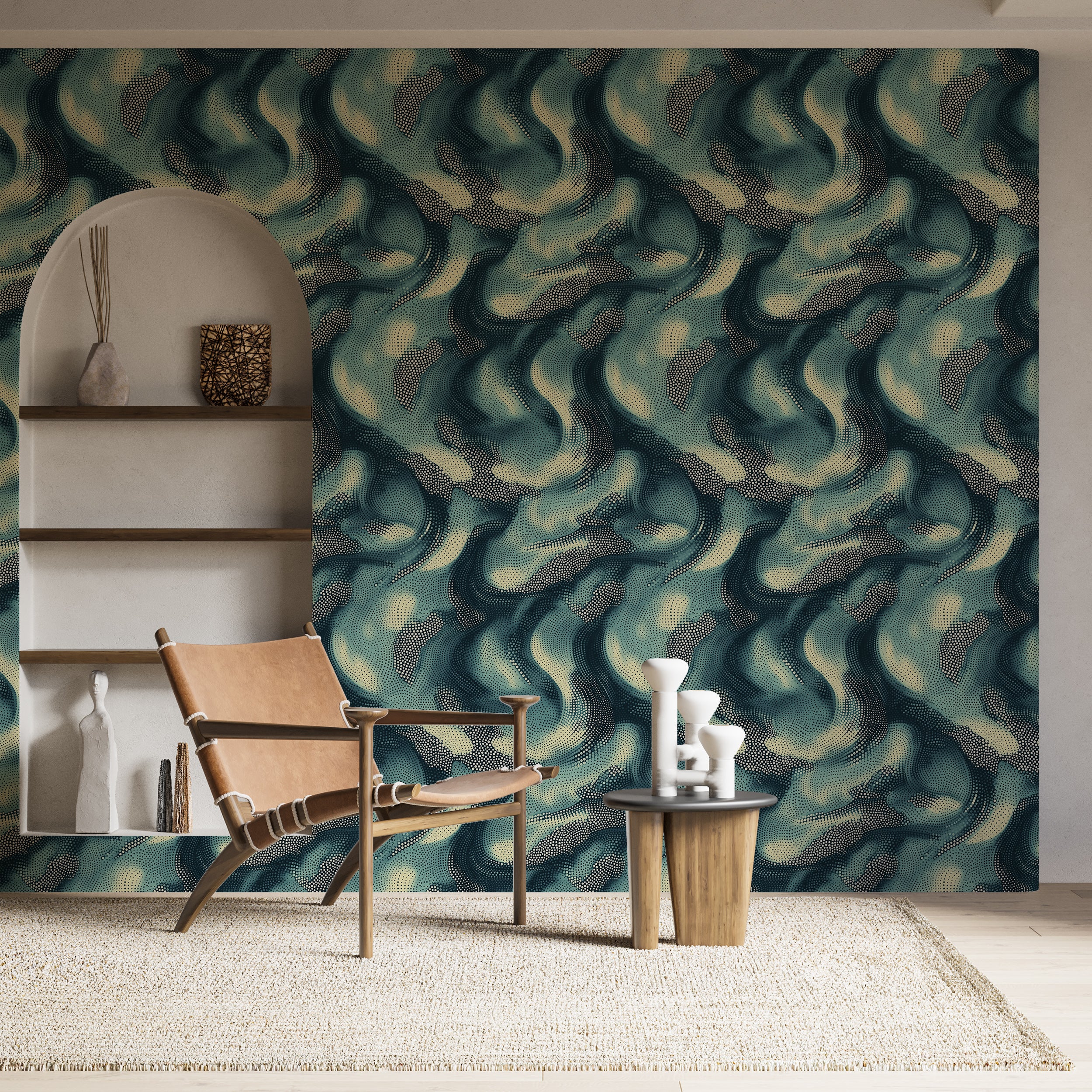 Blue and beige peel and stick wallpaper for calming decor
Ocean wave pattern wallpaper for modern living rooms