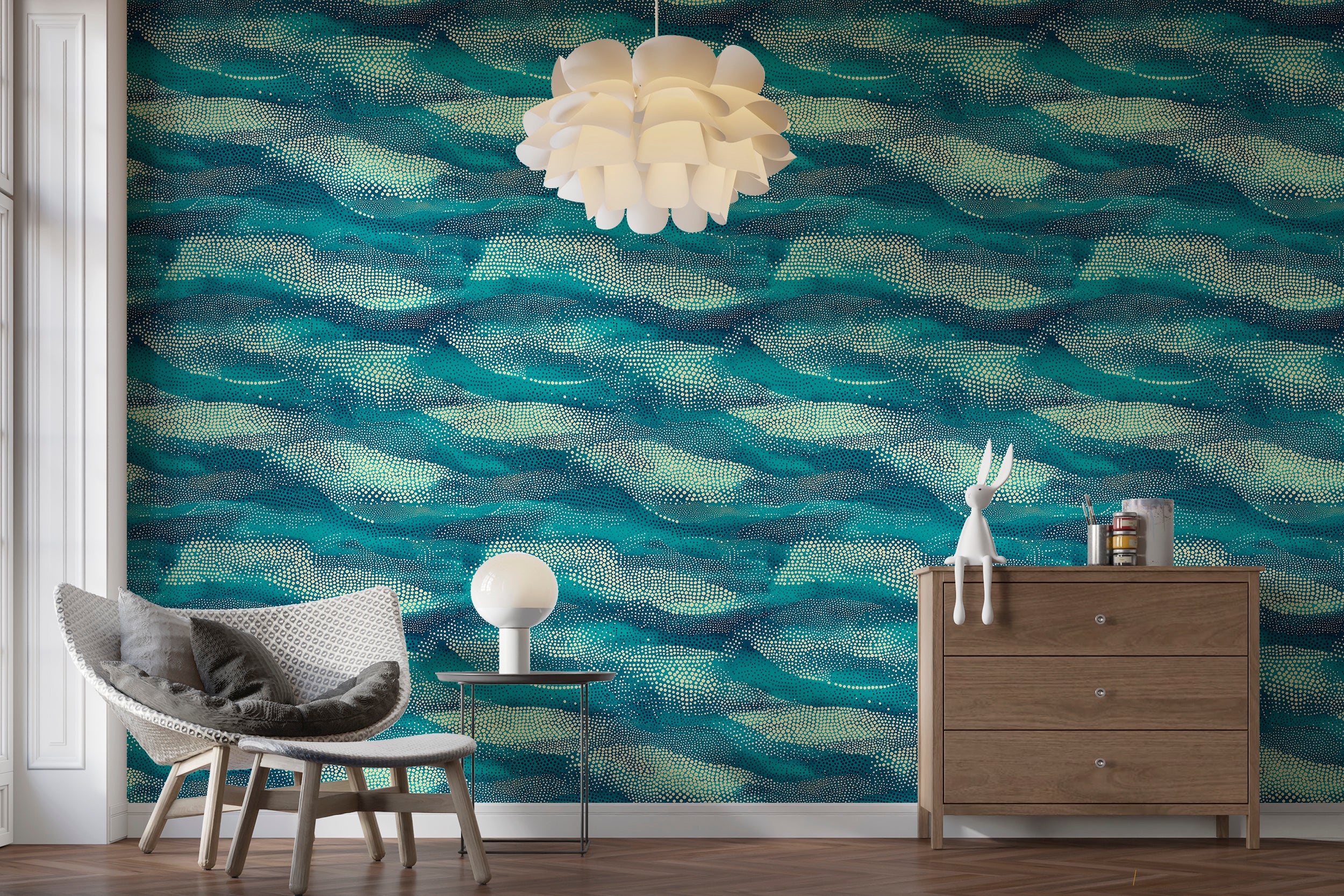 Small dots wallpaper with blue and beige ocean colors
Peel and stick ocean waves wallpaper for stylish interiors