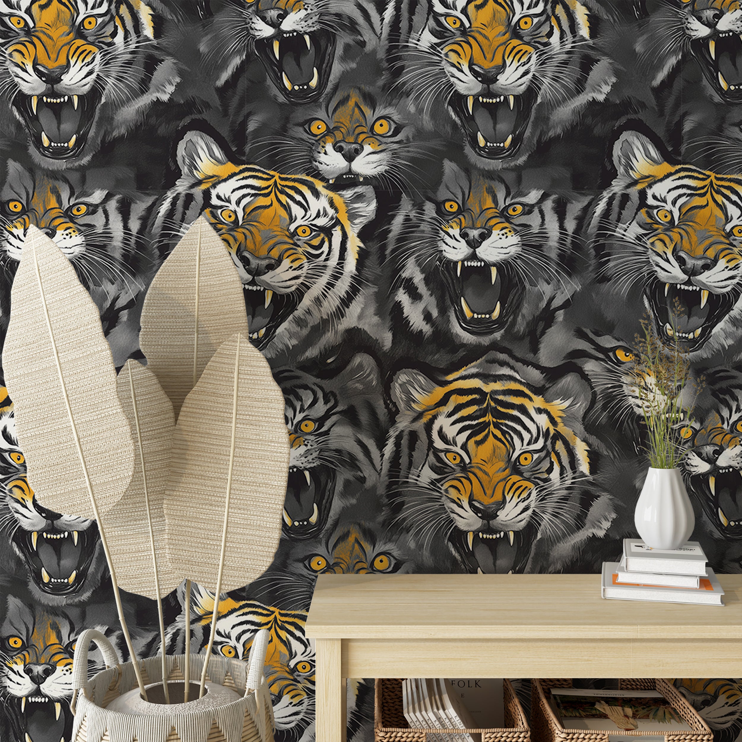 Abstract tiger wallpaper with orange and grey tones
Peel and stick wallpaper with tiger head design for bold decor