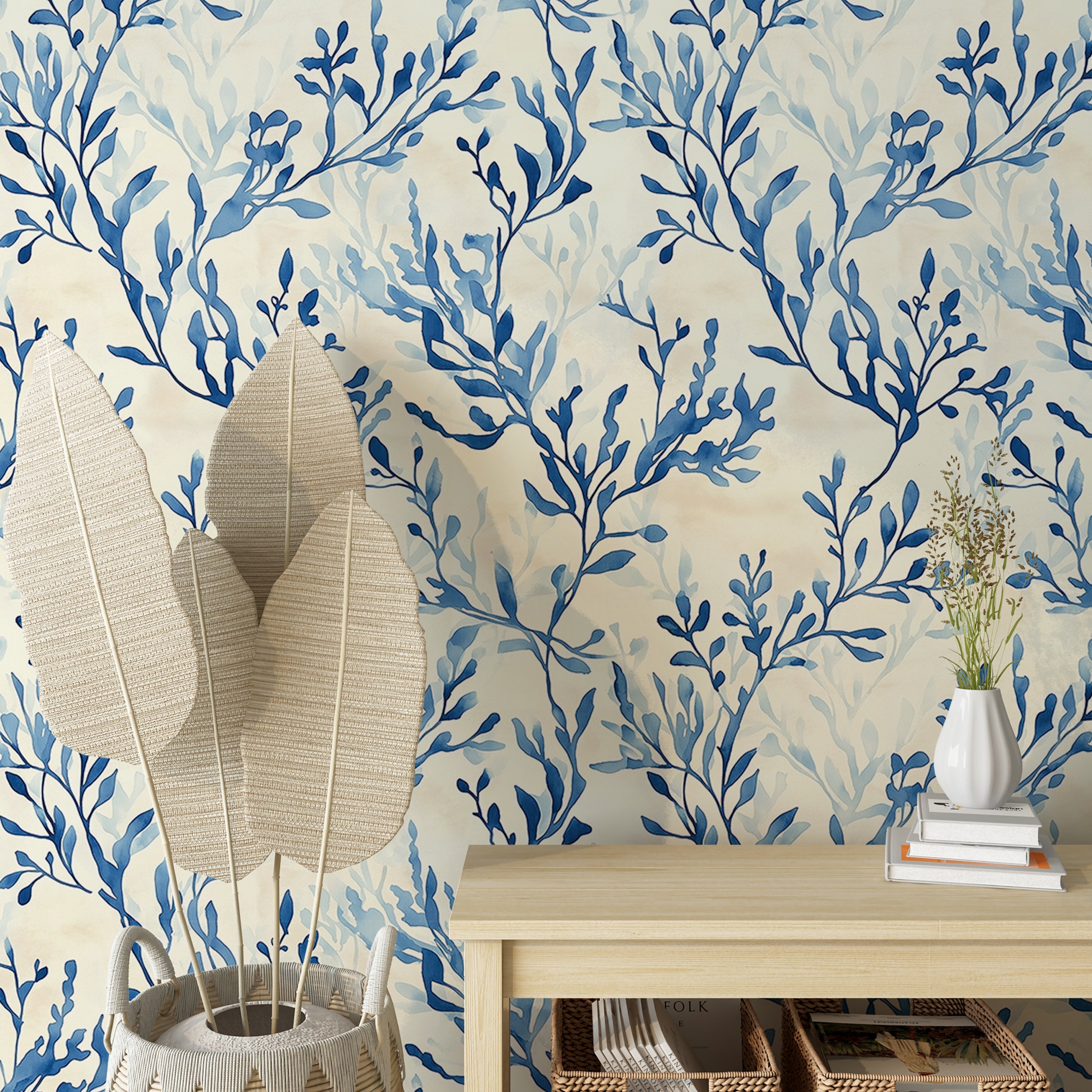 Marine-inspired blue wallpaper with botanical design
Watercolor blue sea plants wall decor for modern interiors