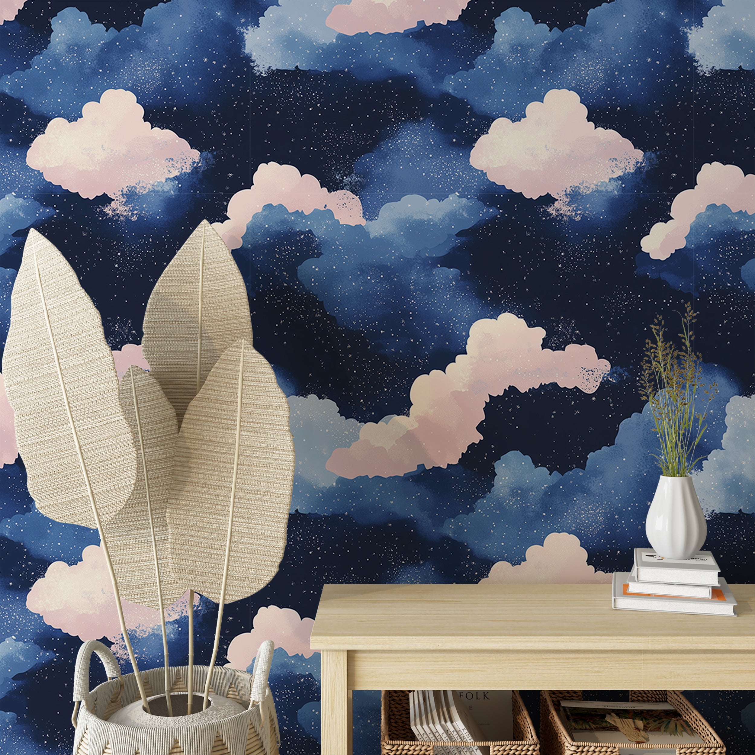 Whimsical cloud and star wallpaper for nursery wall art
Dreamy night sky wallpaper for children’s room decoration