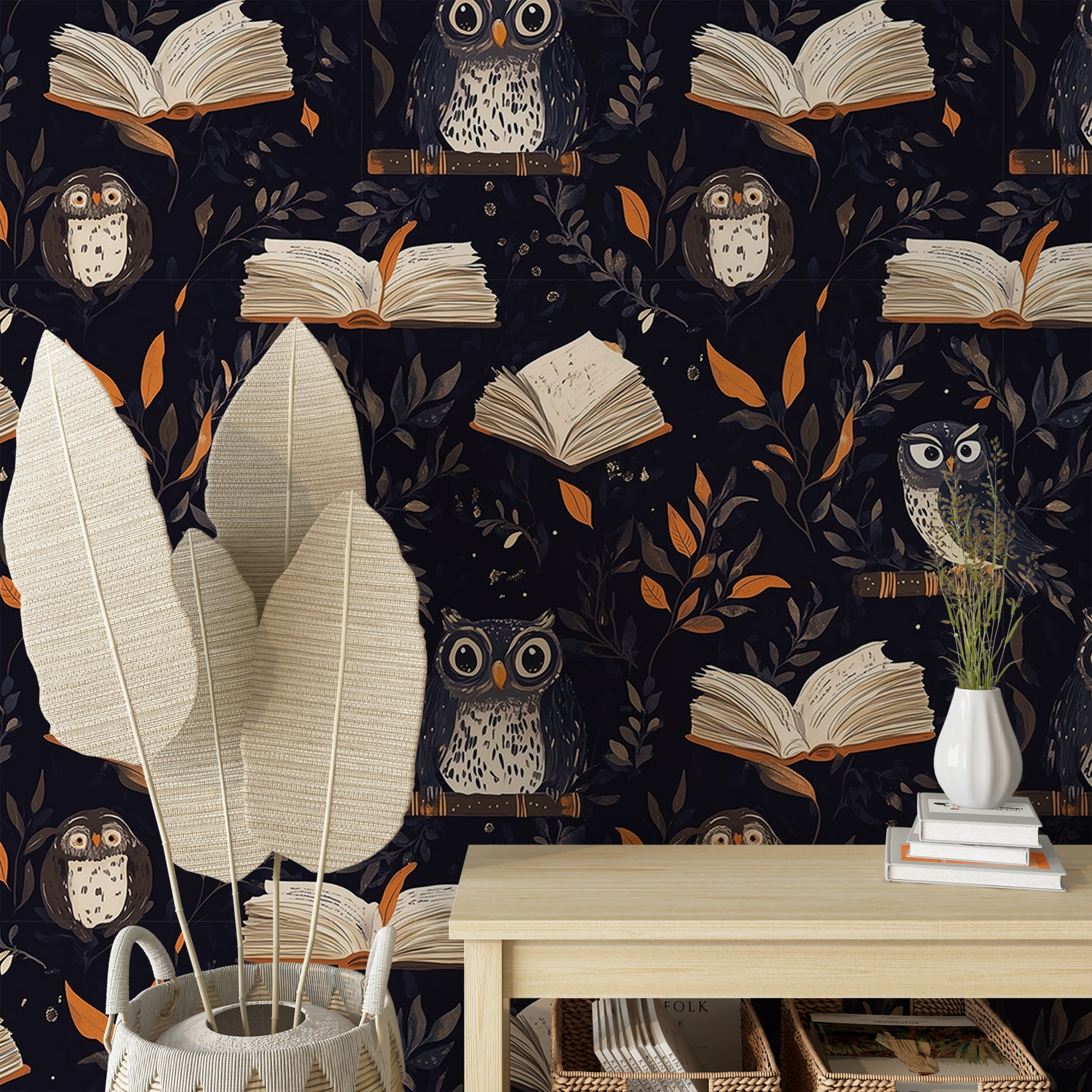 Dark academy wallpaper with owls and books pattern
Black peel and stick magic school wallpaper for study rooms