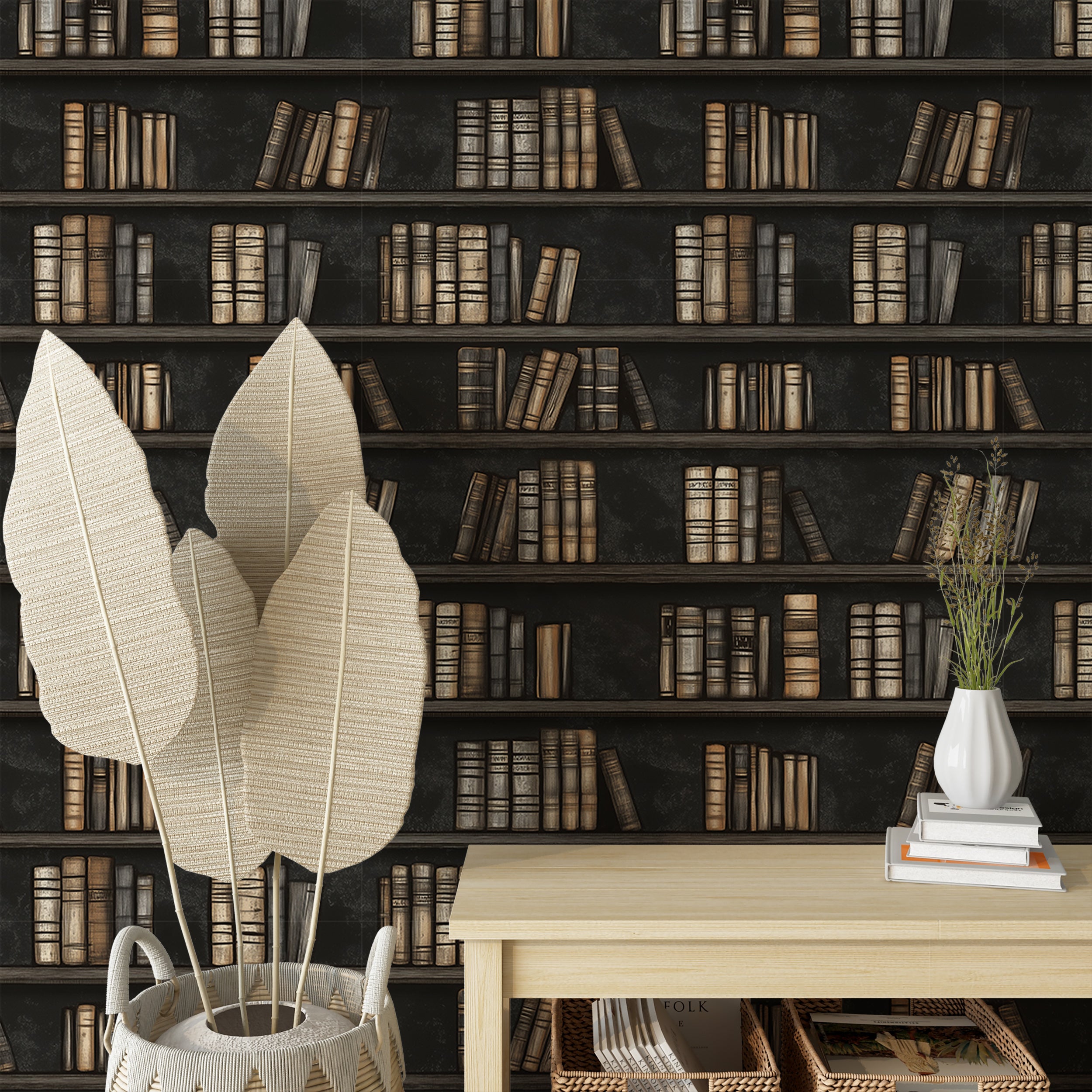 Dark grey book wallpaper for cozy reading corners
Peel and stick wallpaper for creating a library aesthetic