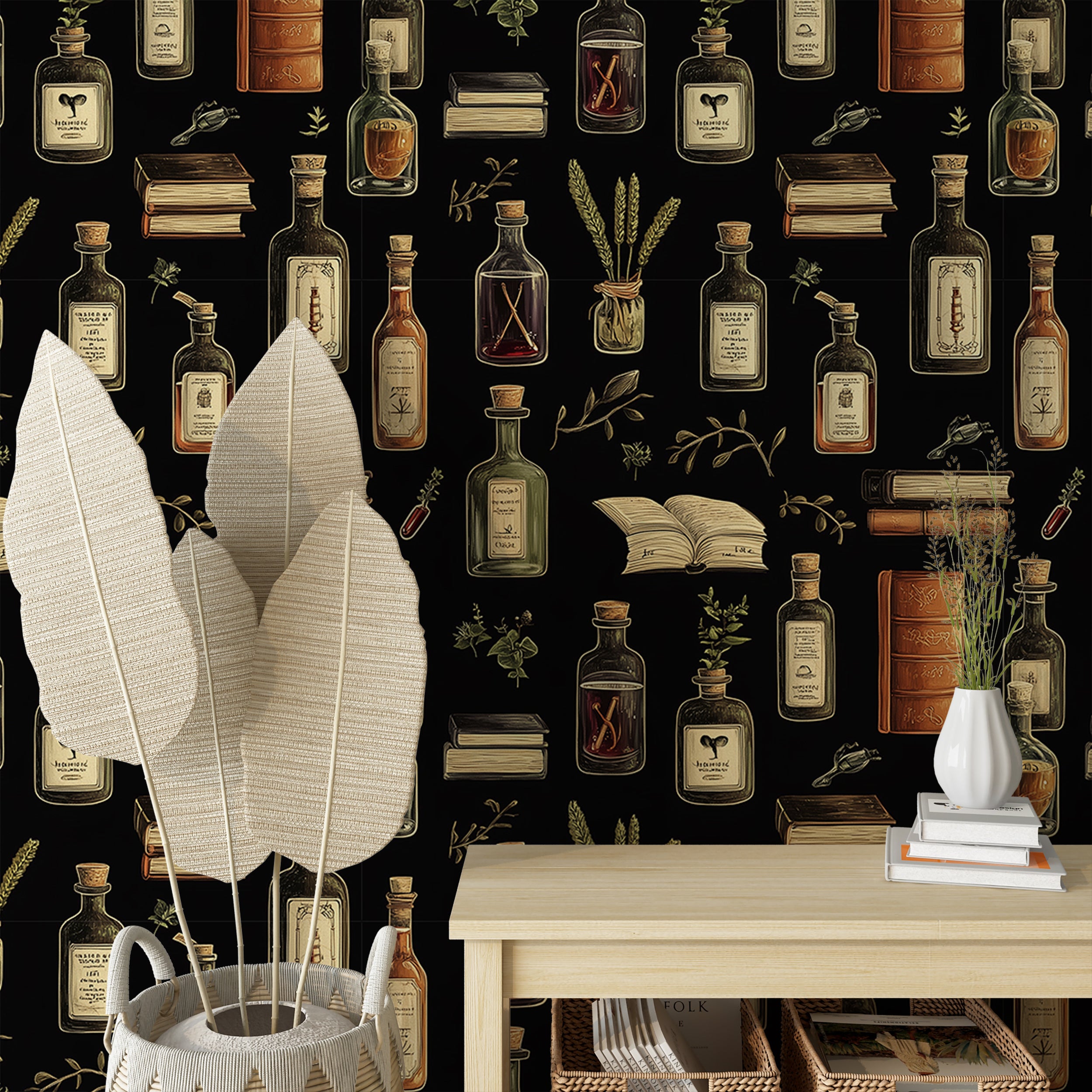 Bottles and herbs wallpaper for mystical home decor
Black alchemy wallpaper for vintage-inspired rooms