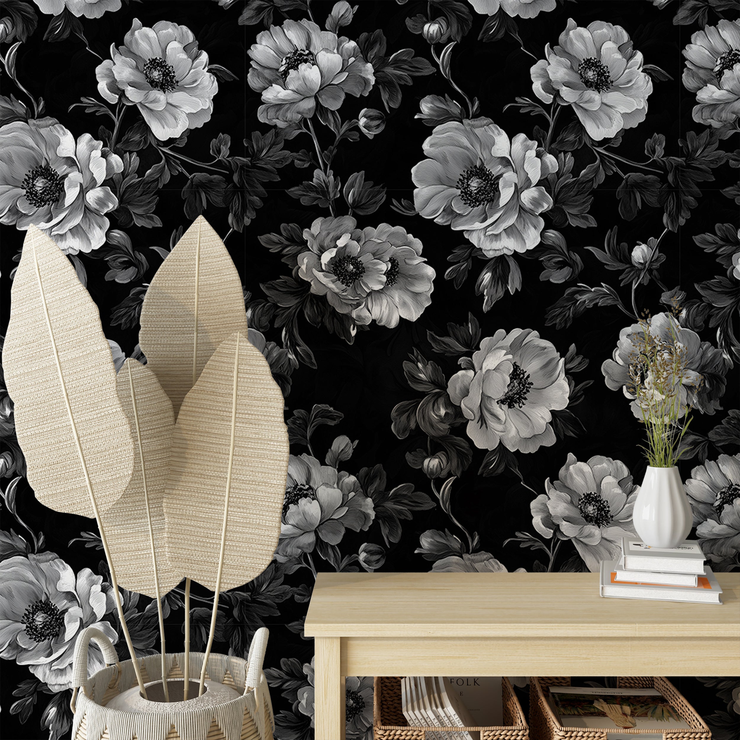 Vintage black and white wallpaper for classic decor
Dark botanical peel and stick wallpaper for refined interiors