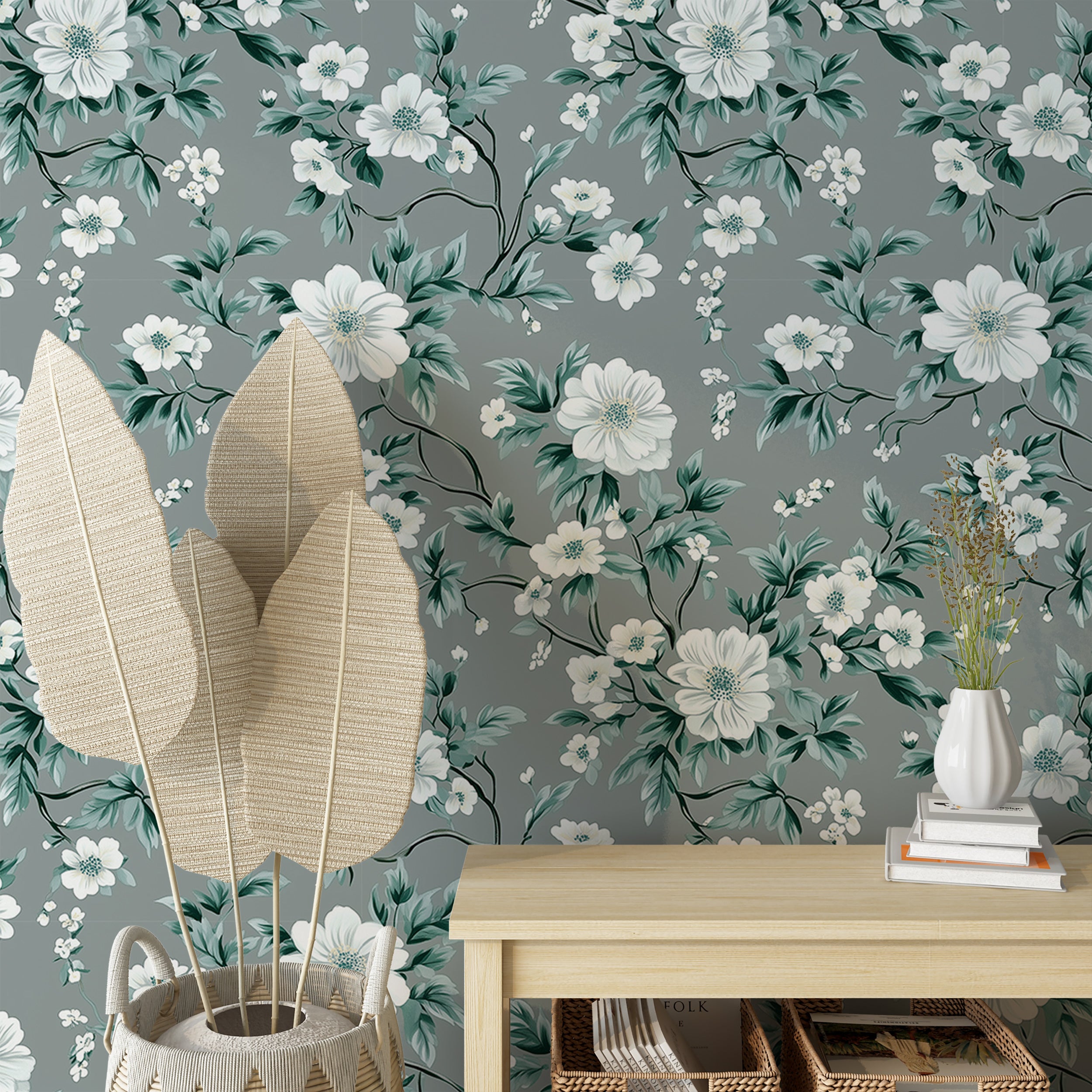 Green and white floral wallpaper for classic wall art
Botanical floral wallpaper for a nostalgic and stylish decor