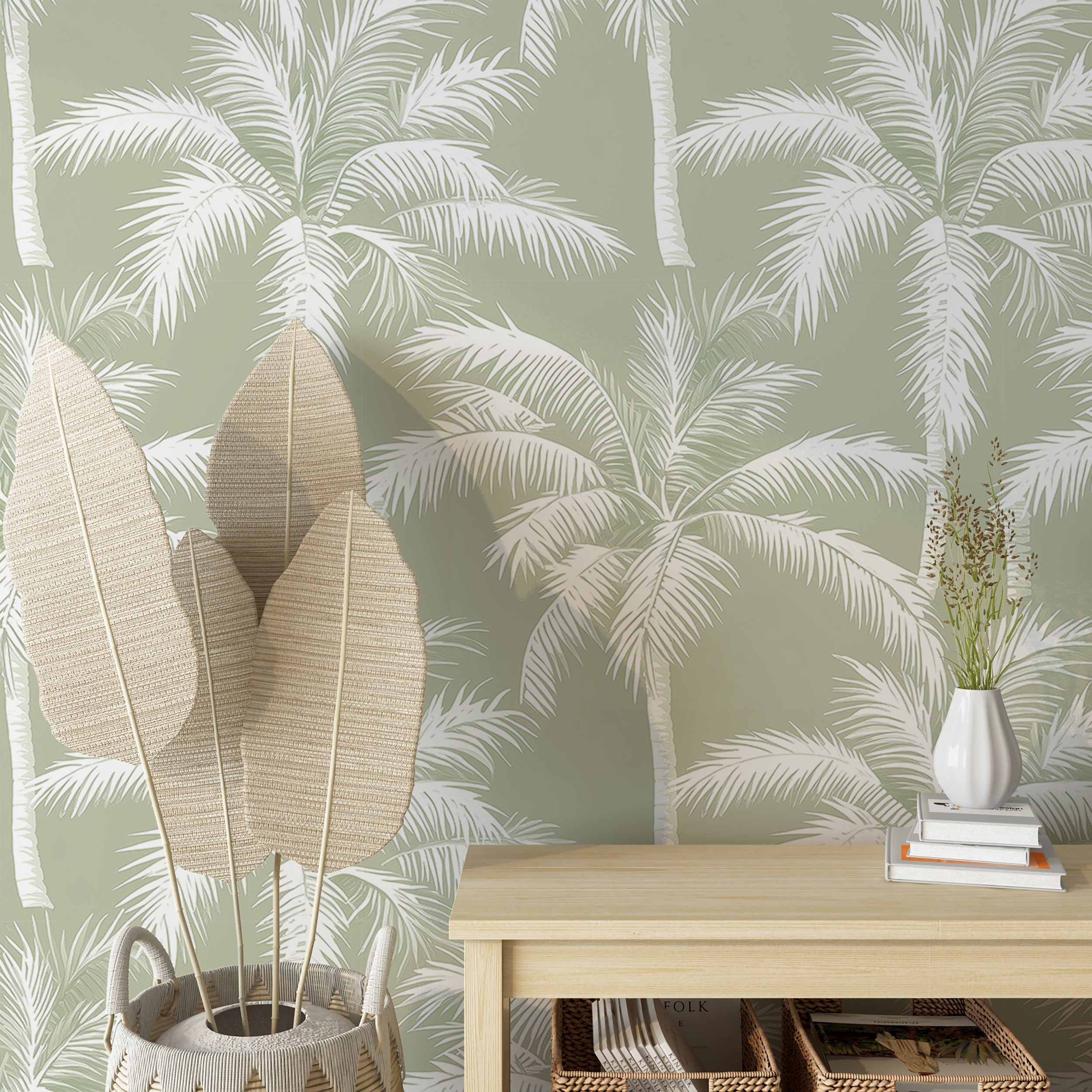 Easy-to-remove light green wallpaper for tropical wall decor
Light green peel and stick wallpaper with palm tree design