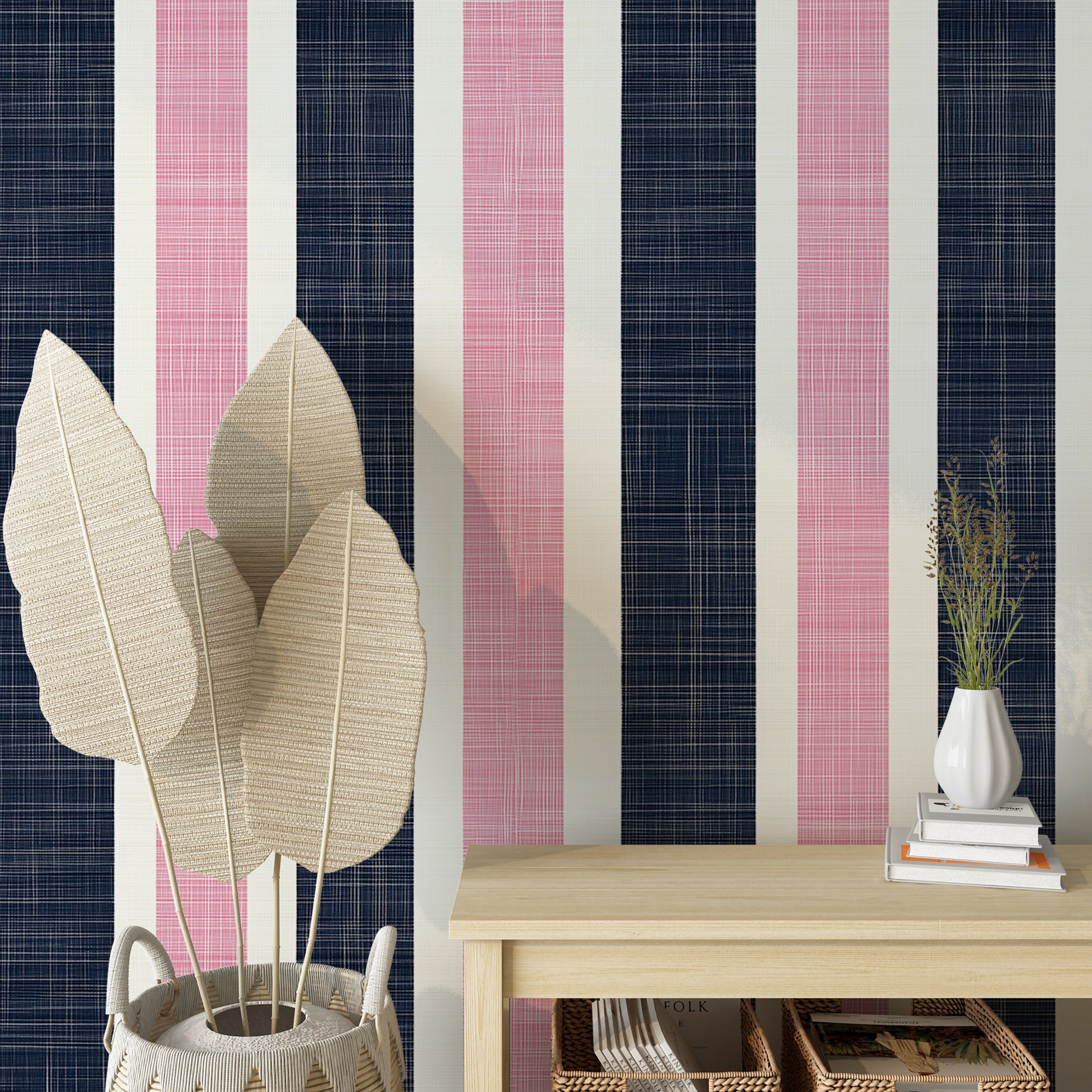 Colorful linen style striped wallpaper for timeless interiors
Navy and pink wallpaper for stylish feature walls