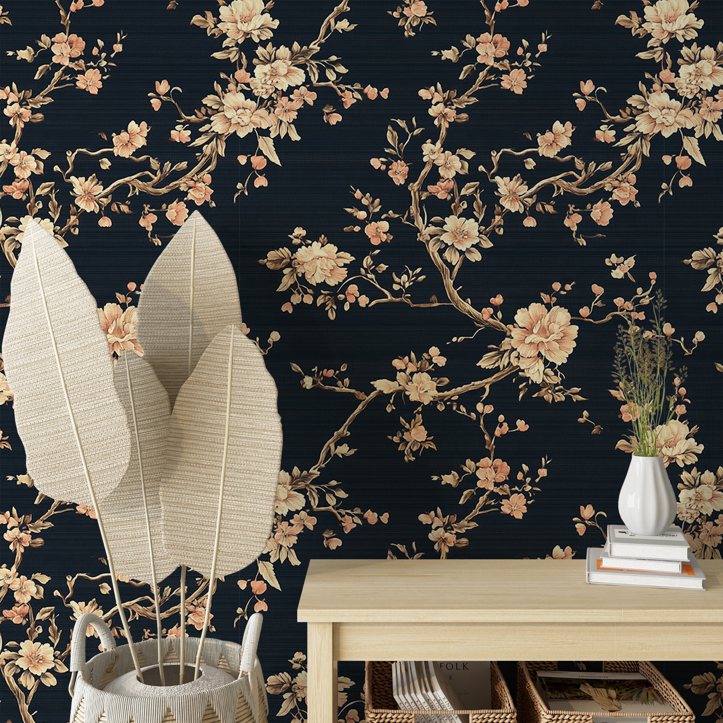 Golden blossom branches on dark navy wallpaper
Peel and stick gold and blue botanical wallpaper for luxury decor