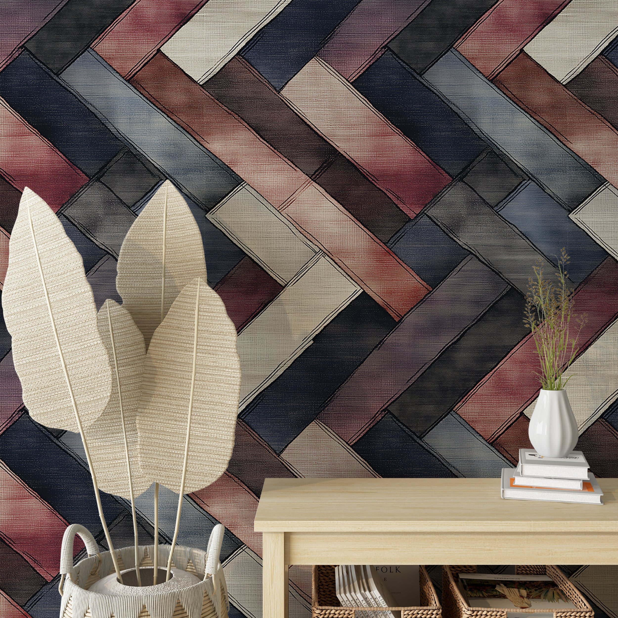 Colorful herringbone wallpaper for bedrooms and hallways
Modern geometric wallpaper for a striking home transformation