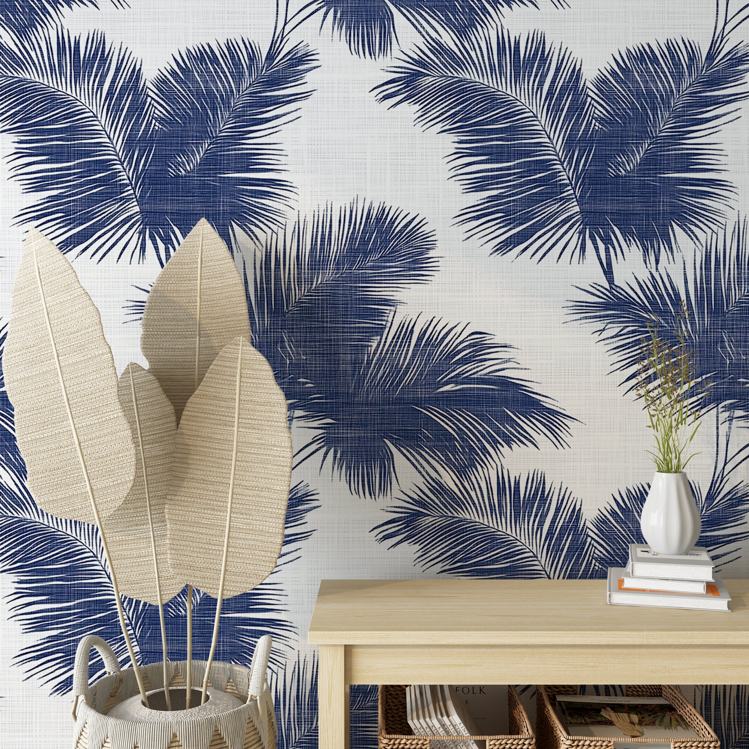 Coastal-inspired wall art with blue palm leaves for bedrooms
Serene tropical wallpaper for creating a calm coastal retreat