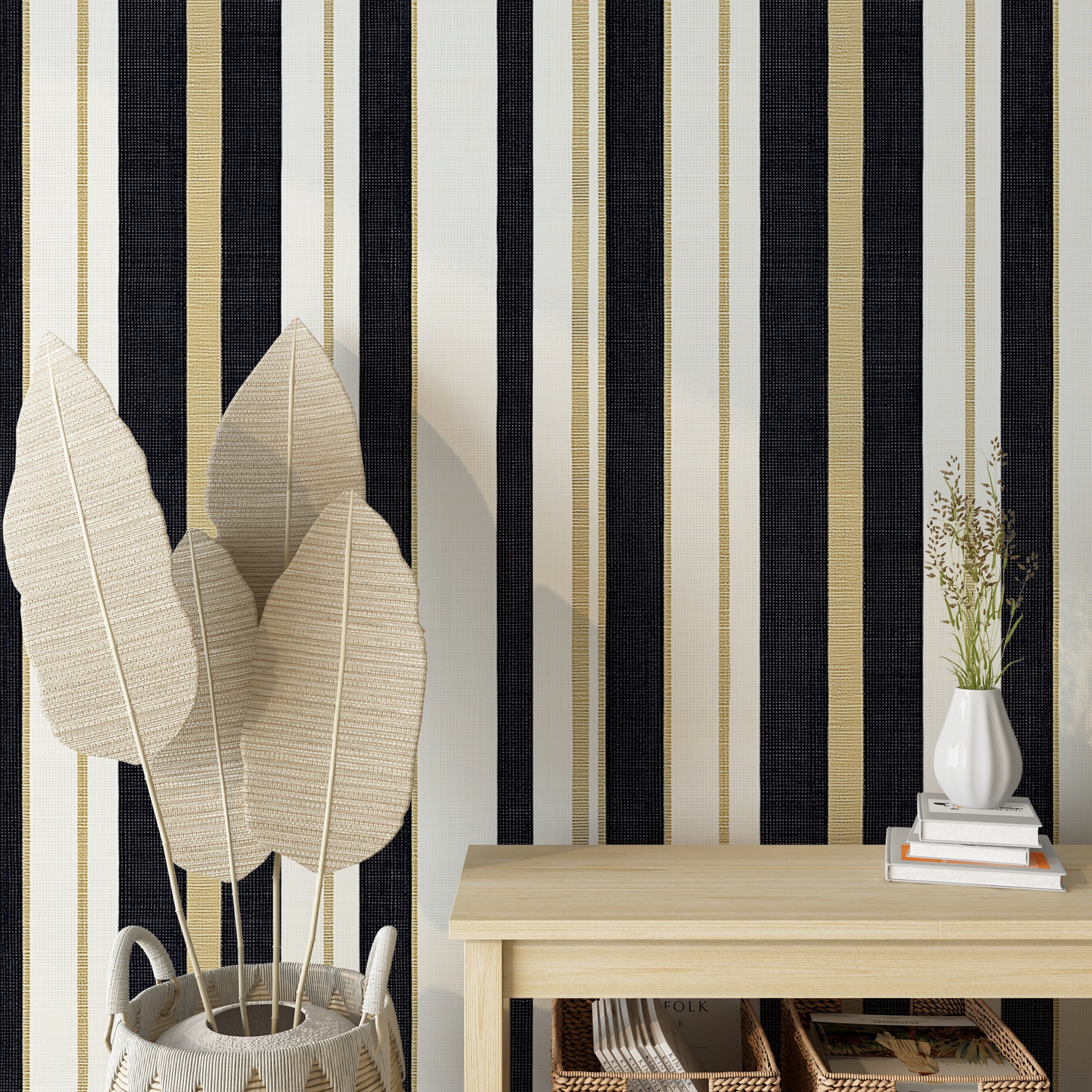 Blue and gold wallpaper for a sophisticated wall design
Traditional blue white striped peel and stick wallpaper