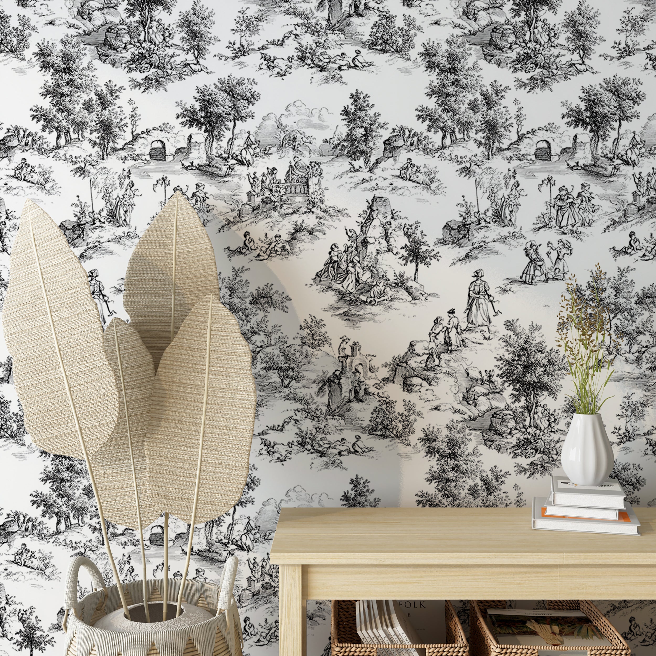 Grey and white monochrome Toil de Jouy wallpaper for vintage French decor
Peel and stick classic grey vintage wallpaper for elegant interiors