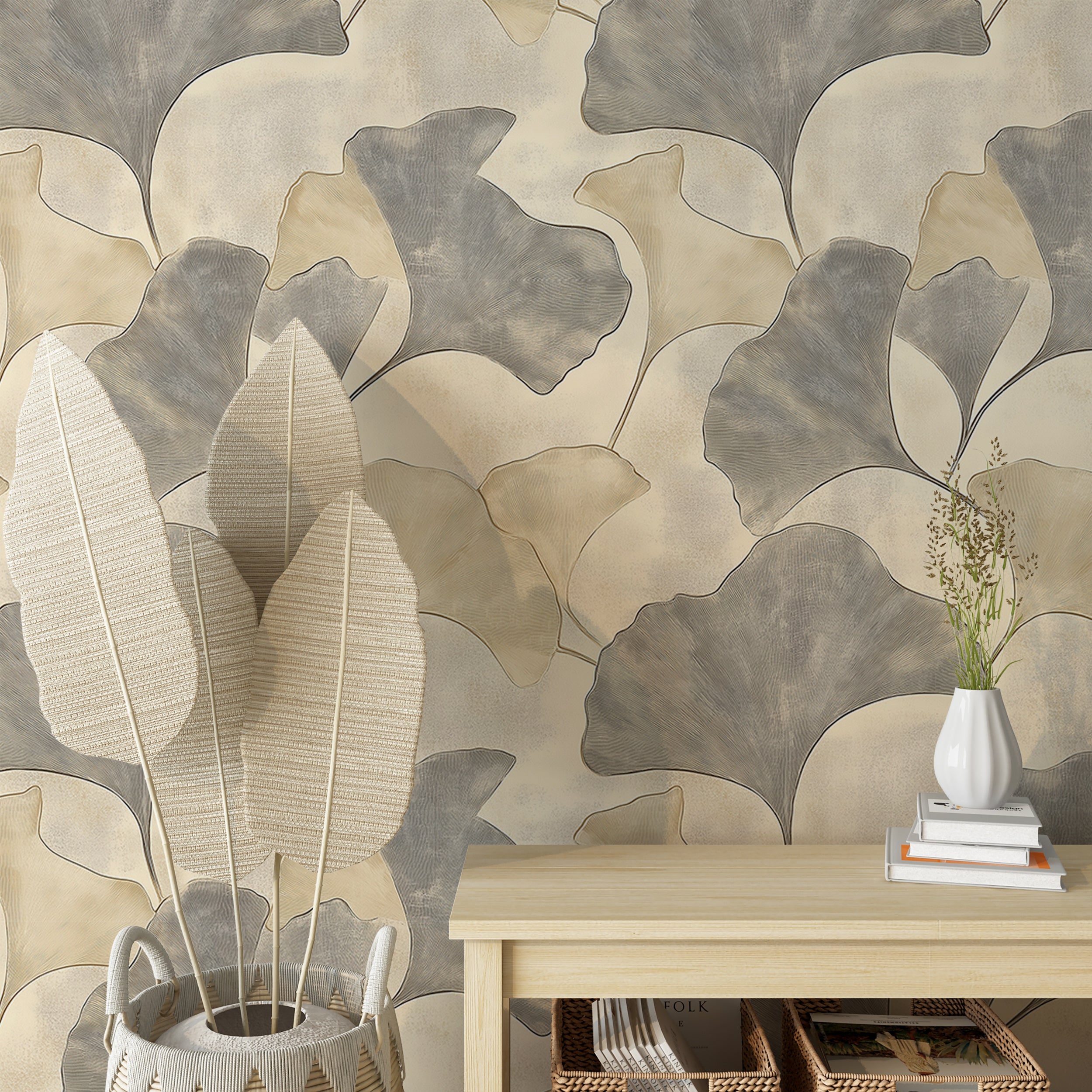 Beige and Grey Leaf Pattern Wallpaper, Luxury Leaves Decor, Peel and Stick Abstract Botanical Wallpaper