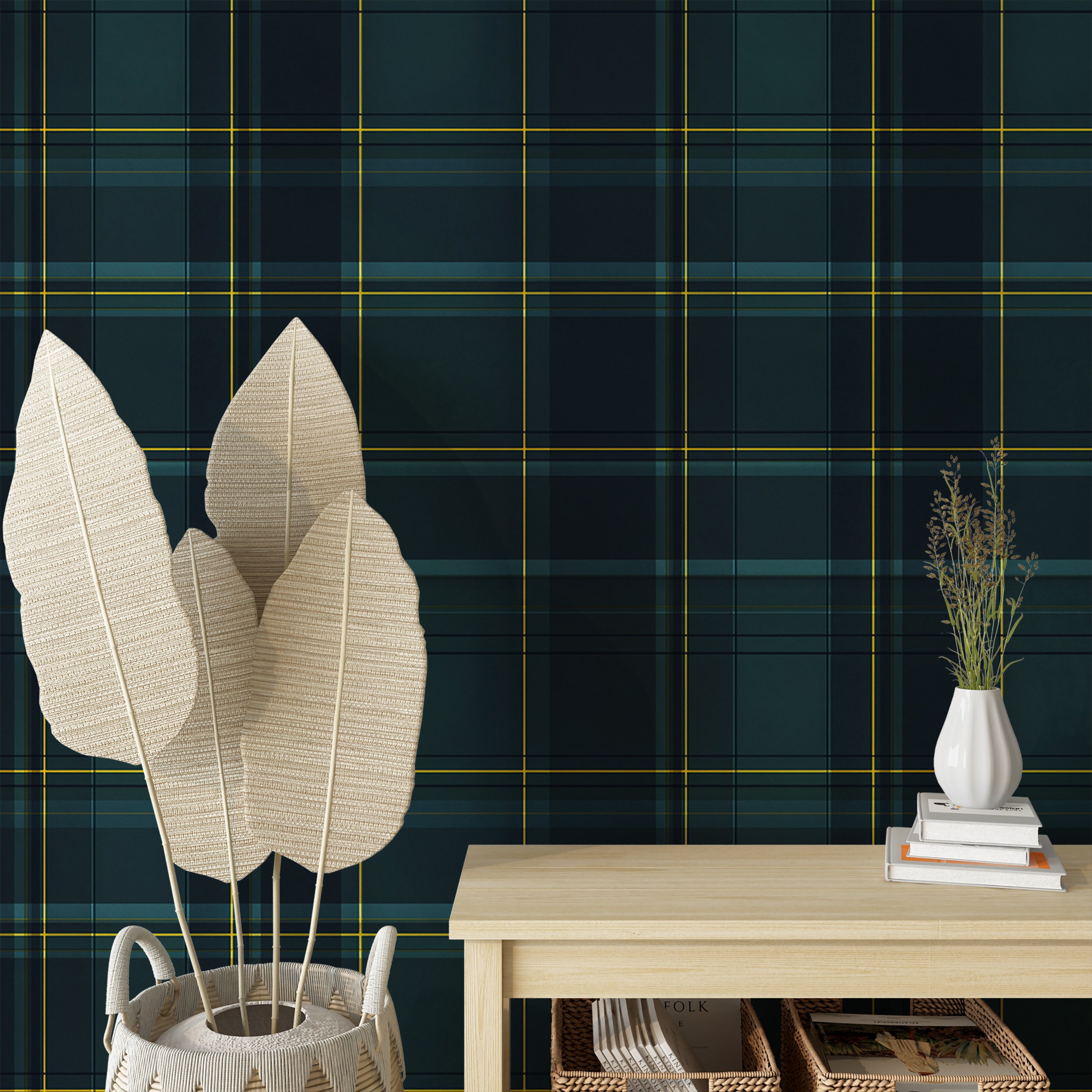 Dark green tartan pattern wallpaper for classic home decor
Peel and stick green and yellow squares wallpaper for statement walls