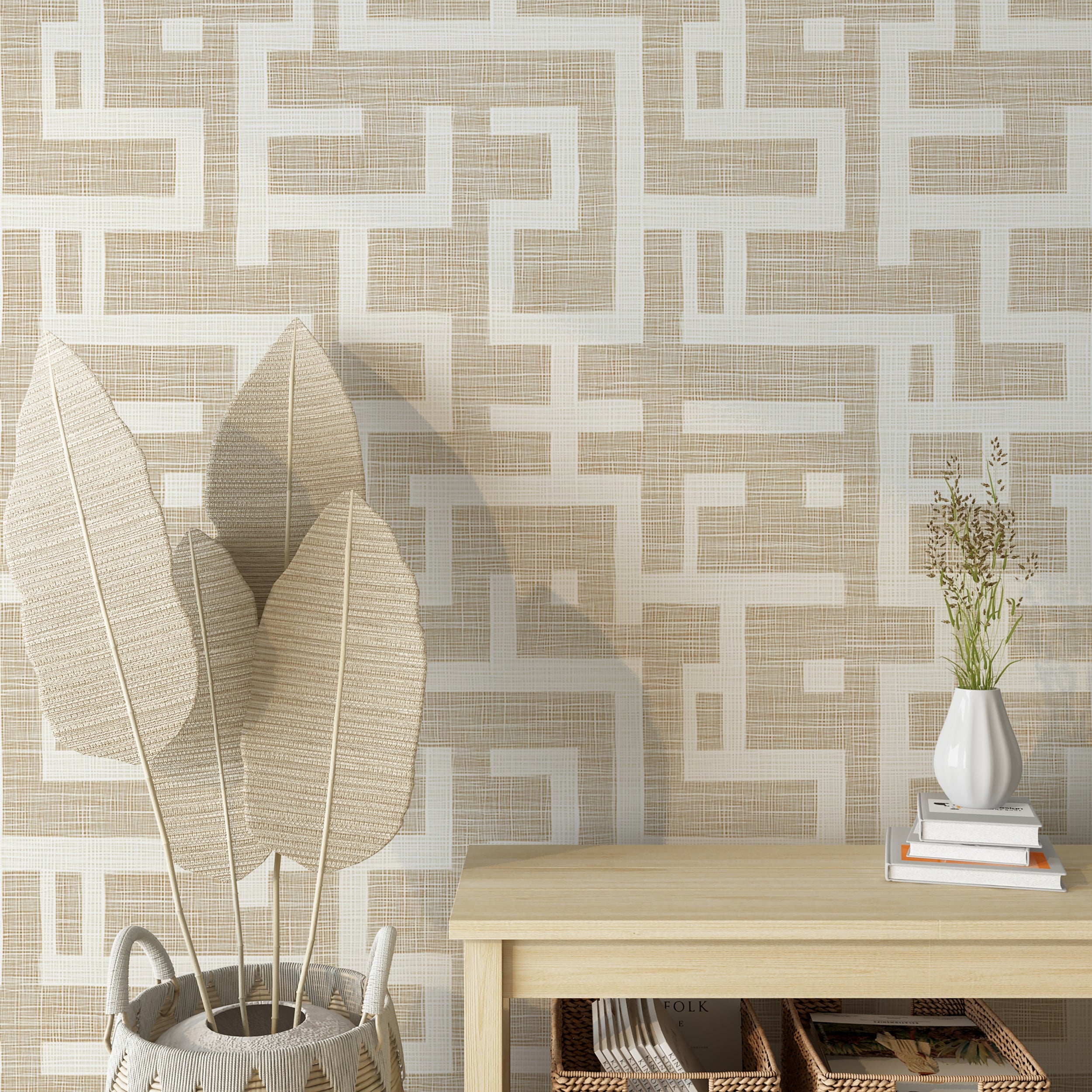 Light Beige and White Geometric Wallpaper, Linen Textile Style Wall Decor, Peel and Stick Minimalist Scandinavian Wallpaper