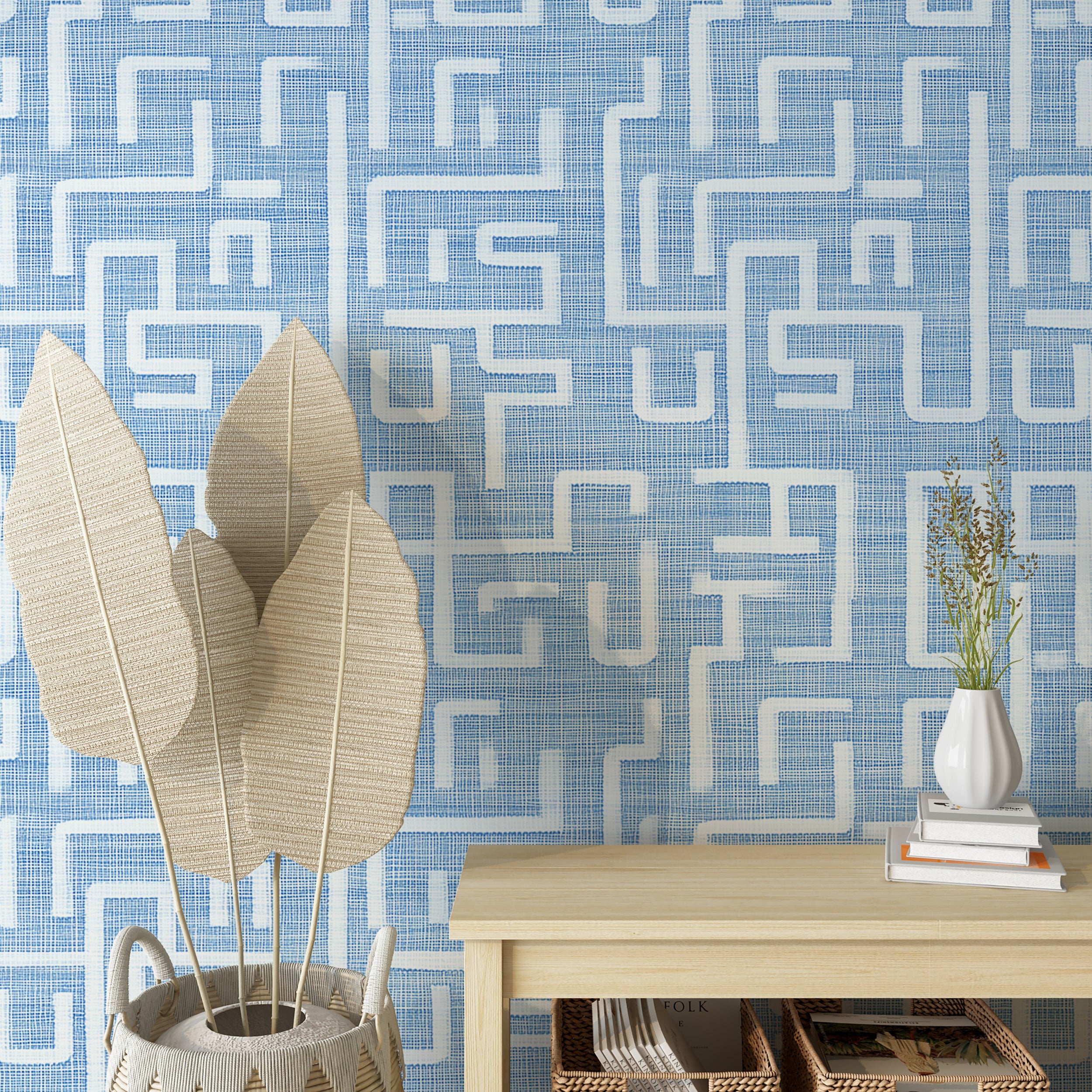 Linen-style wallpaper with blue and white line design
Easy-to-remove wallpaper with classic geometry pattern