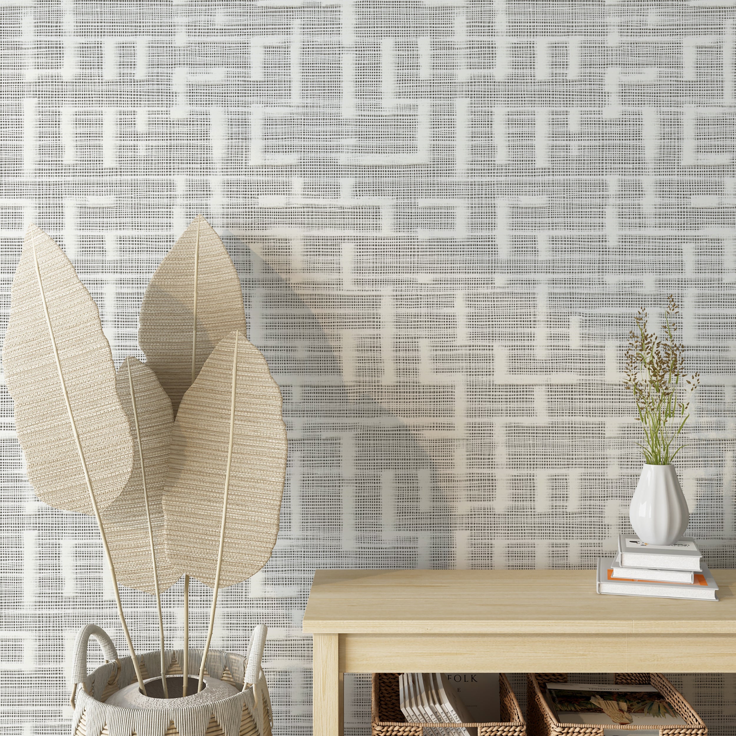 Grey and green wallpaper ideal for creating a soft ambiance
Easy-to-remove wallpaper with linen-style and geometric design