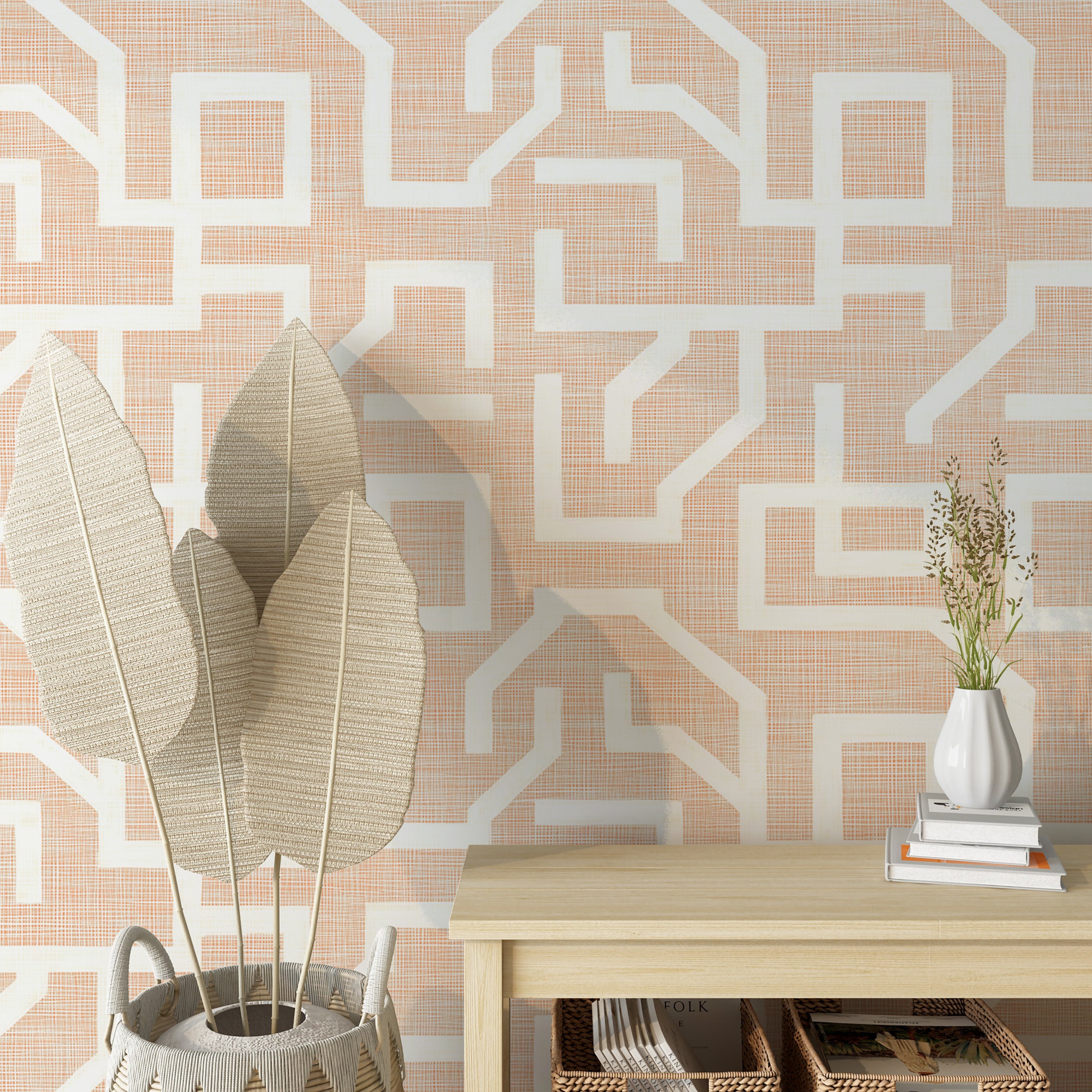 Classic-inspired wallpaper for serene accent wall decor
Easy-to-remove wallpaper with light peach geometric design