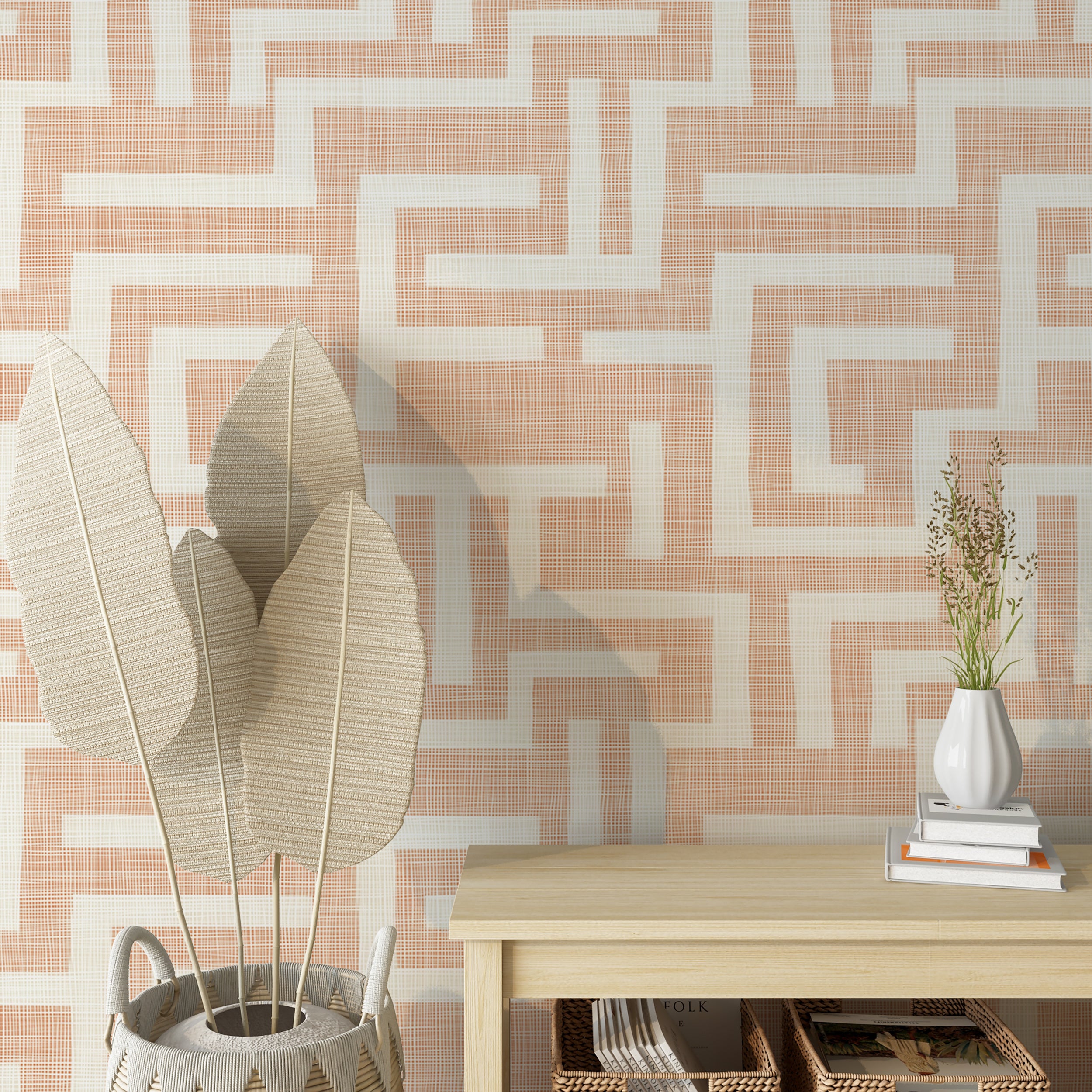 Peach and white geometry wallpaper for minimalist decor
Peel and stick modern pink wallpaper with geometric lines