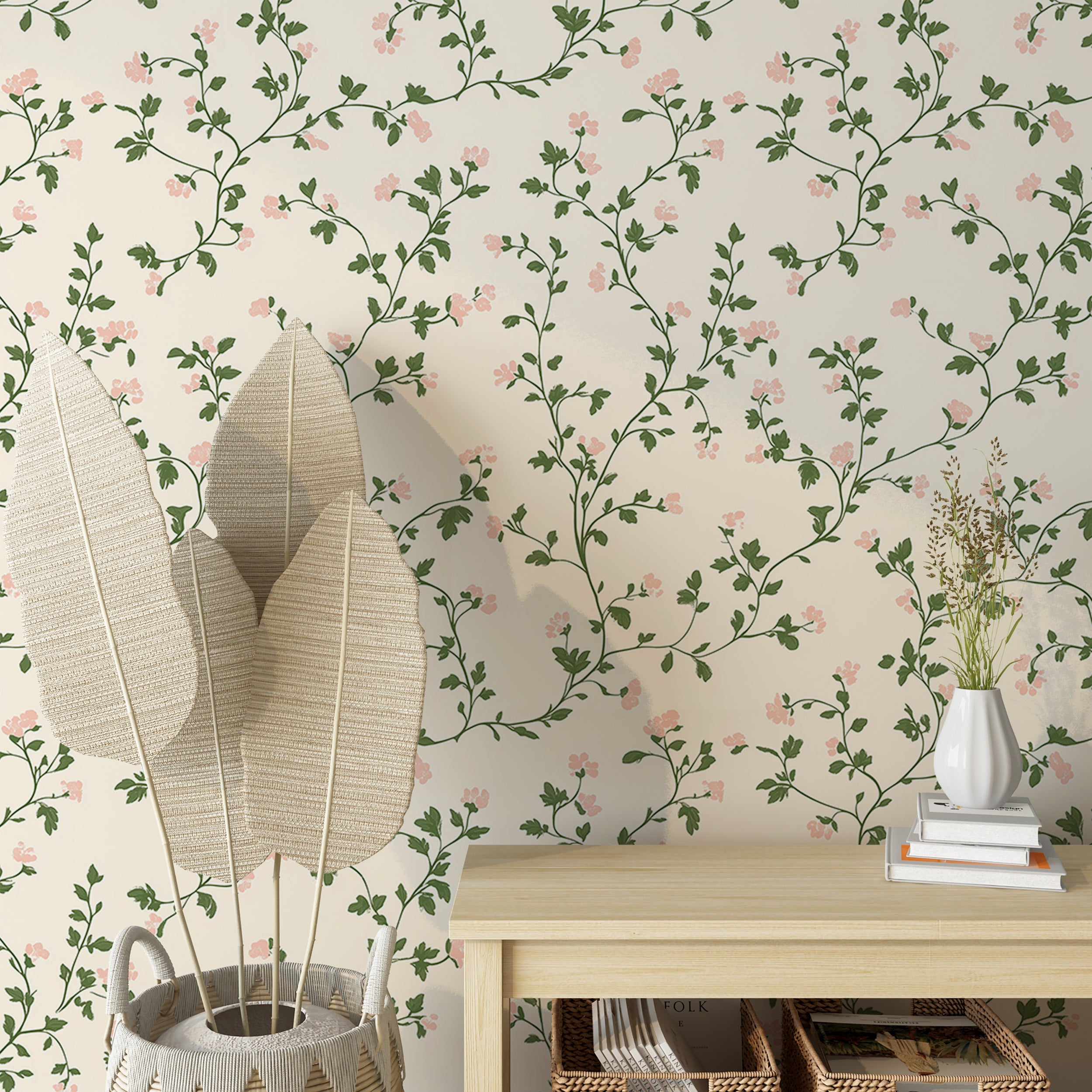 Beige minimalist botanical wallpaper with small flowers
Peel and stick country-style floral wallpaper for cozy decor